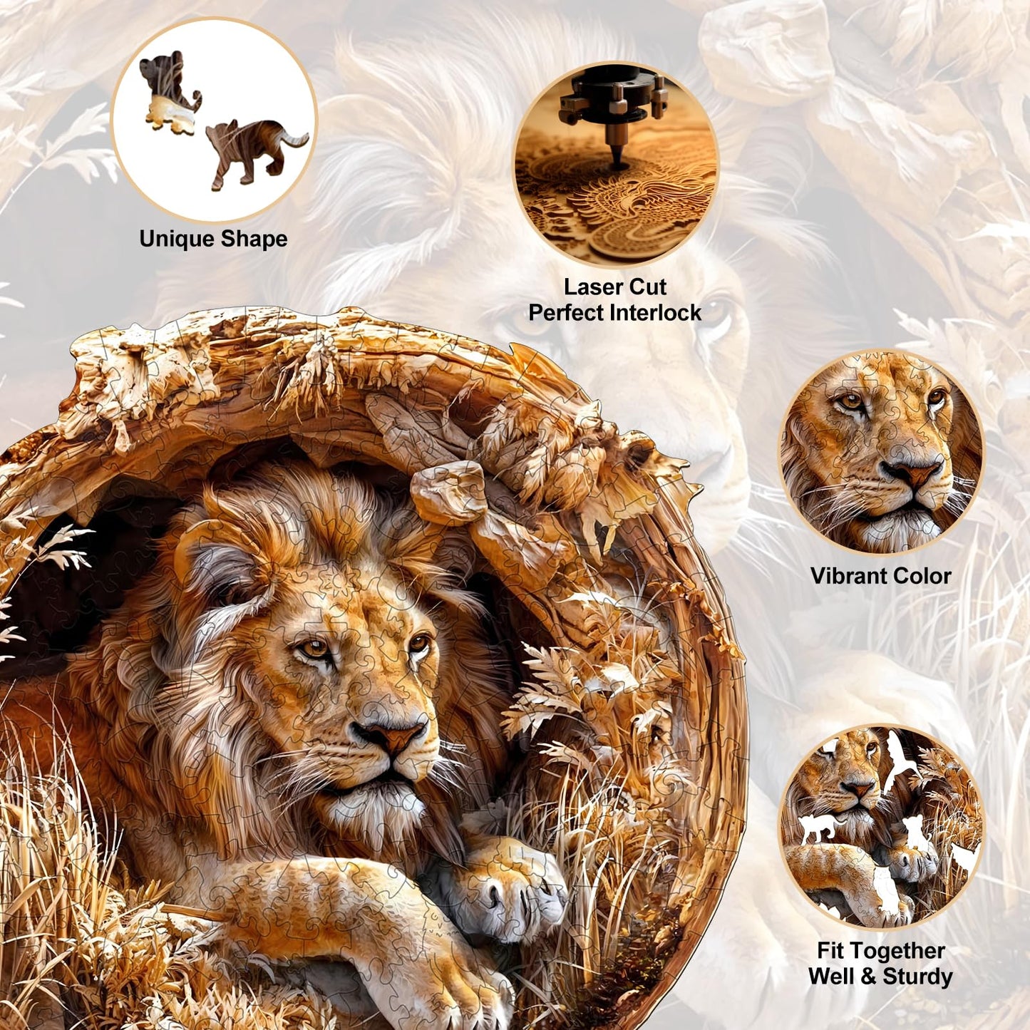 KAAYEE Wooden Puzzles for Adults, 3D Vision Effect Lion King Wooden Jigsaw Puzzles 300 PCS Unique Shape Advanced Wood Puzzle Adult, 3D Effect Flat Puzzle Birthday Gifts Family Game (L-13.4 * 13.4in)