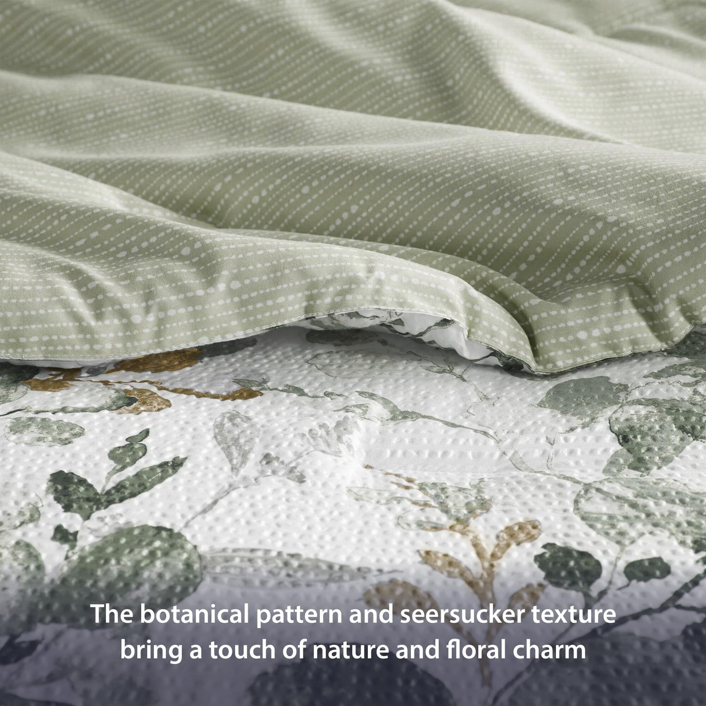 Regency Heights Lightweight Seersucker Botanical Comforter Set Queen Size, 3 Pieces Reversible Design with Striped Print, Premium Microfiber Bedding Set, Comforter and Sham Set, Green