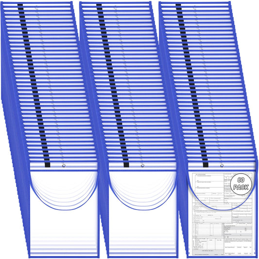 80 Pack Blue Job Ticket Holder with Hanging Strap Shop Bulk Oversized Ticket Holders Work Order Plastic Sleeves 10 x 14 Dry Erase Pockets Reusable Repair Order Sleeves, Both Sides Clear