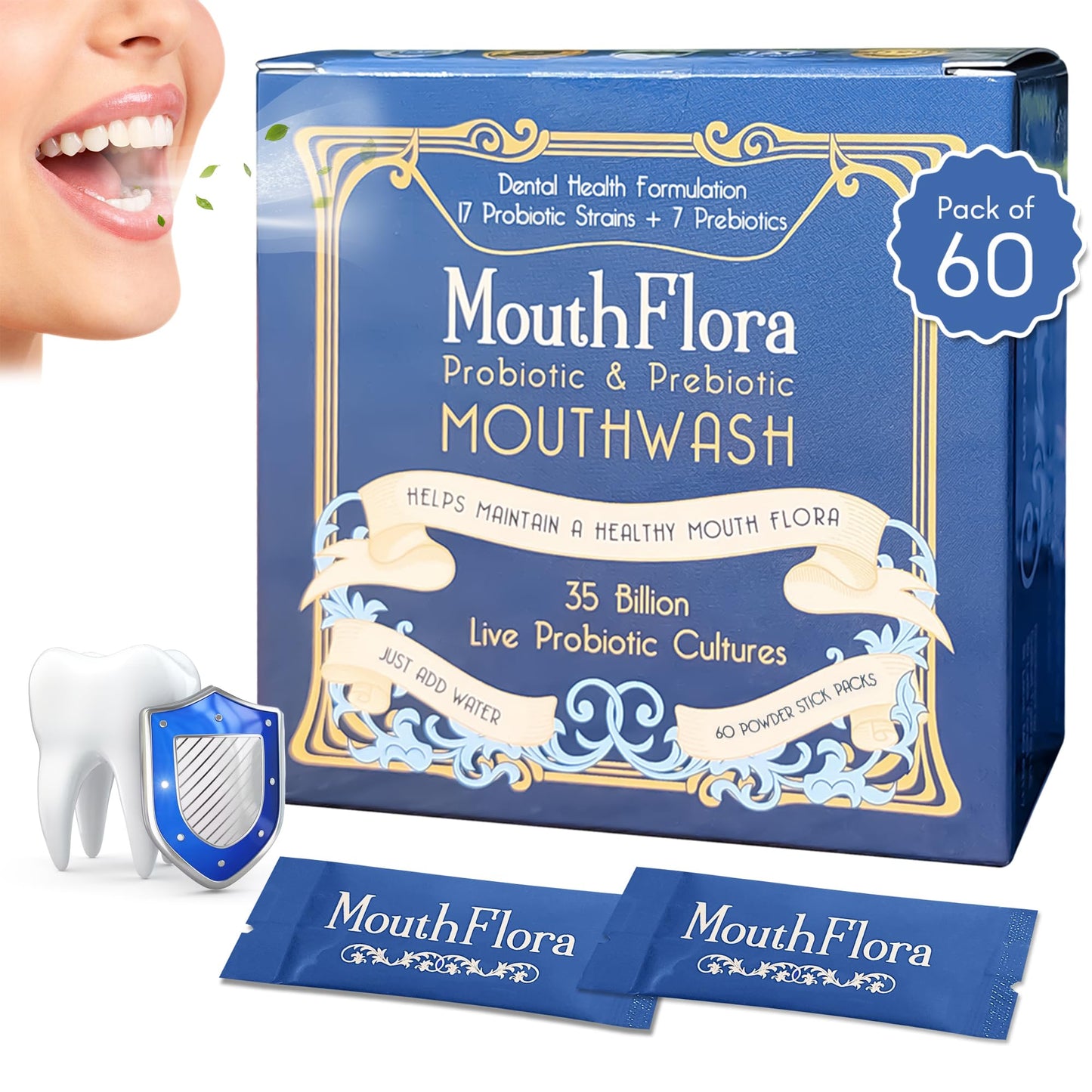 MouthFlora - Probiotic & Prebiotic Mouthwash | Dental Health Formulation | 17 Probiotic Strains + 7 Prebiotics | 35 Billion CFUs | Concentrated Powder Formulation | 60 Pack