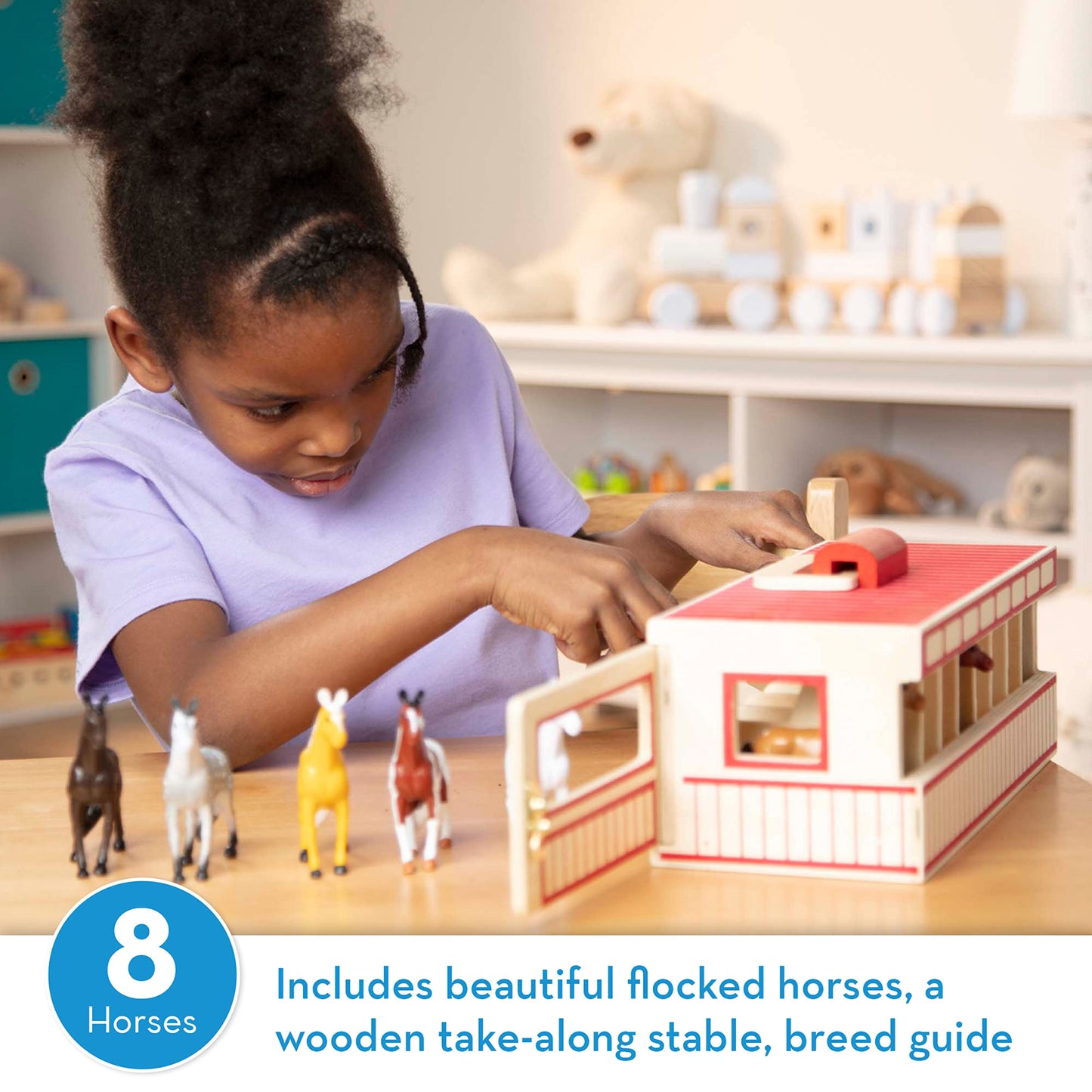 Melissa & Doug Take-Along Show-Horse Stable Play Set with Wooden Stable Box and 8 Toy Horses, Barn Play Set, Portable Toy, for Kids Ages 3+
