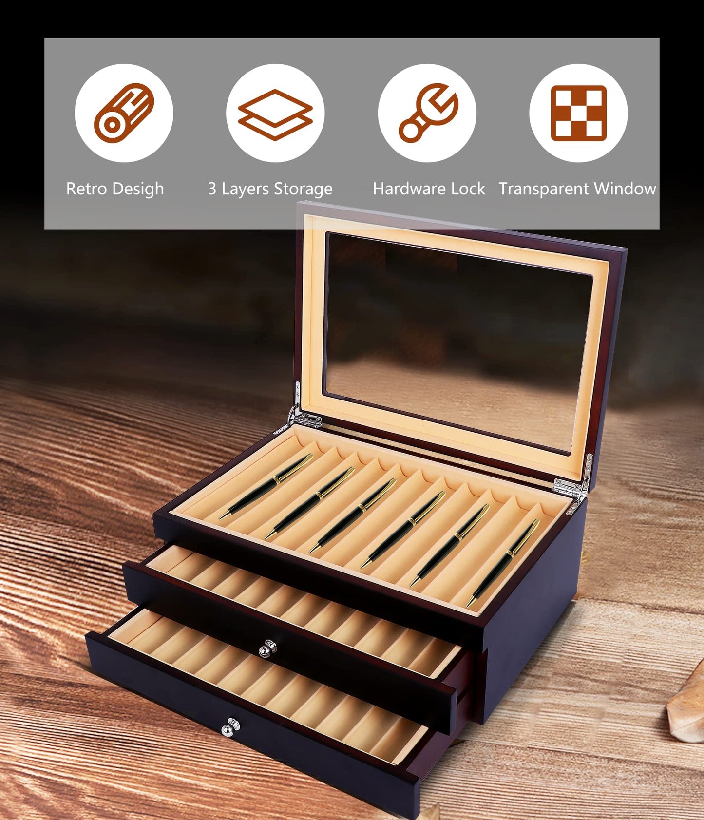34 Piece Wood Pen Display Box Pen Storage Organizer Box Fountain Pen Collector Case 3 Layers (Ebony)
