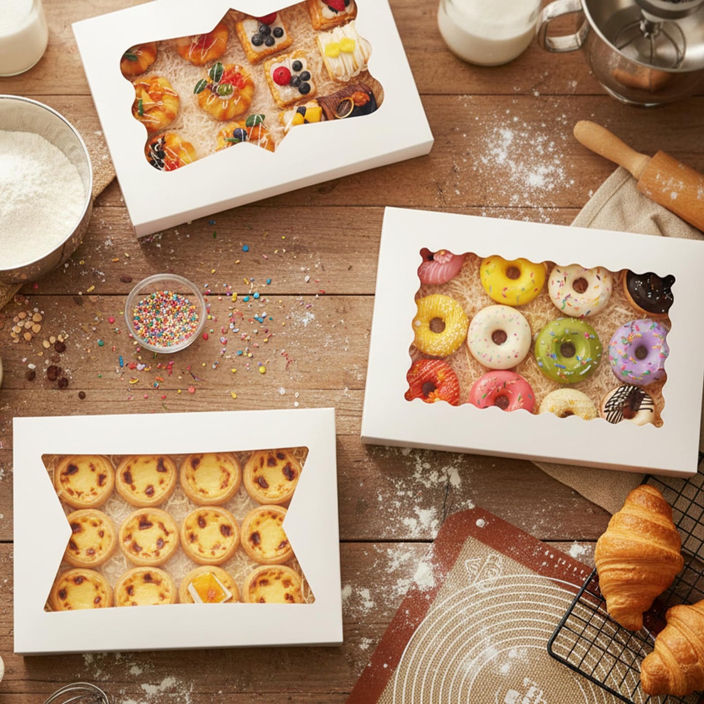 Moretoes 60pcs 16x11x2.5 Inch Cookie Boxes (Not Popup), Bakery Boxes with 3 Style Window for Pastries, Pies, Muffins, Chocolate Covered Strawberries