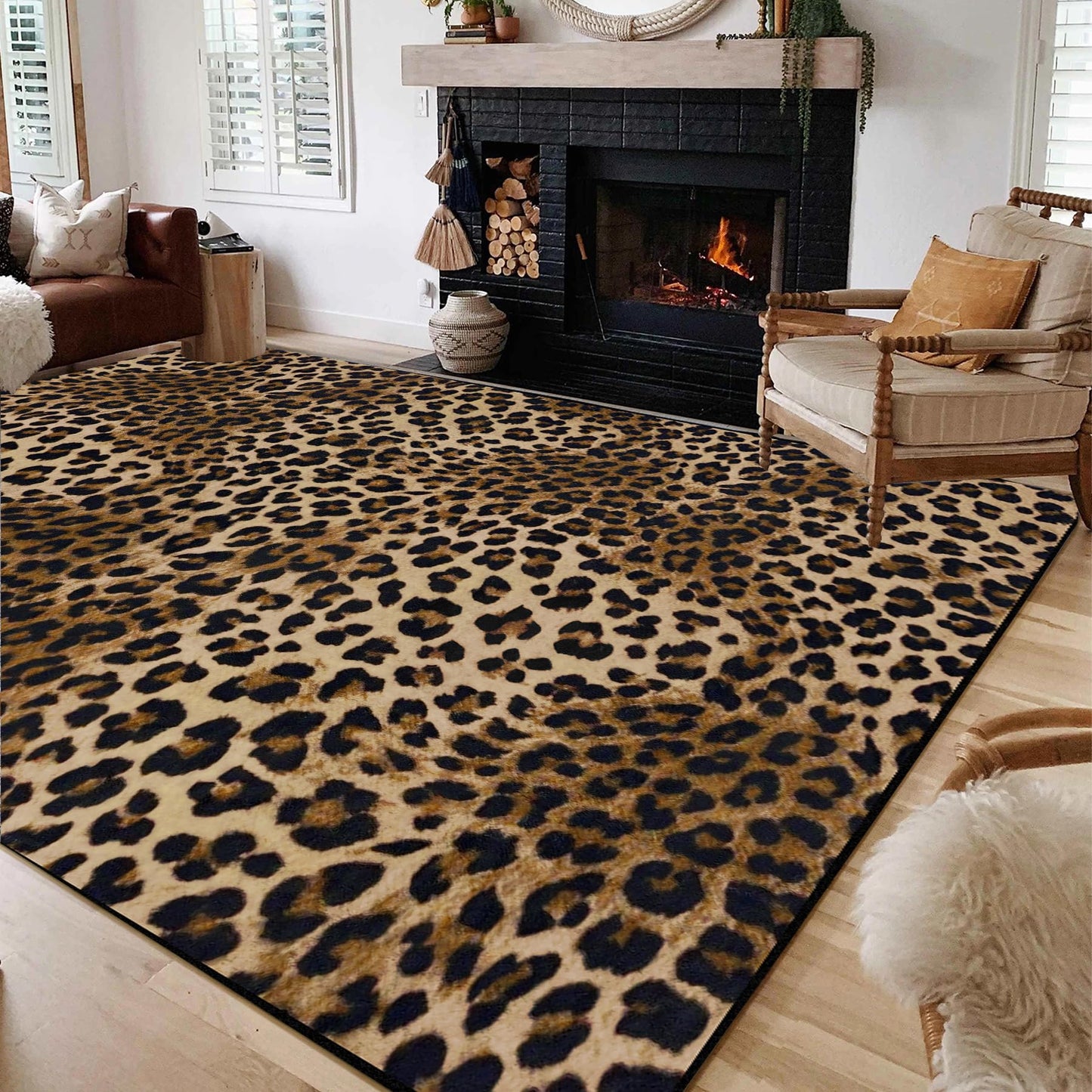 Aukib Leopard Rug 5x7 Washable Animal Print Rug Living Room Large Carpet Soft Non-Slip, Non-Shedding Brown Carpet for Office Dormitory Bedroom