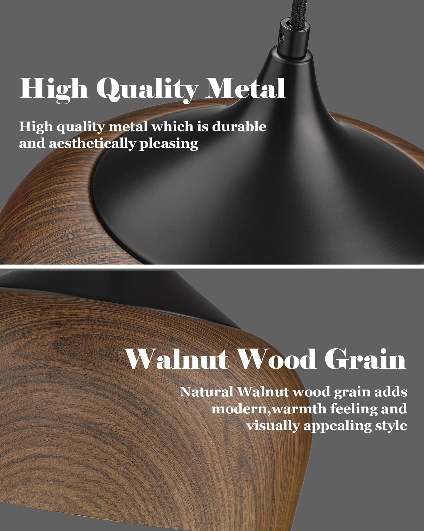 ELYONA Modern Bauhaus Pendant Light Walnut Wooden Pattern Dome Pendant Light Fixture Matte Black Metal Gold Inner Adjustable Hanging Lighting for Kitchen Island Dining Room Office Hallway Bedroom