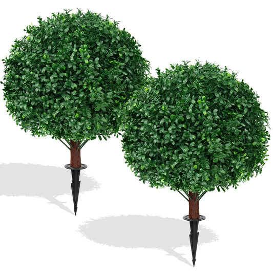 EverNature 2Pack Artificial Boxwood Topiary Ball Trees, 16'' UV Resistant Fake Evergreen Shrubs Bushes Plants with Ground Spike, Fake Plants for Outdoor Indoor Front Porch Garden