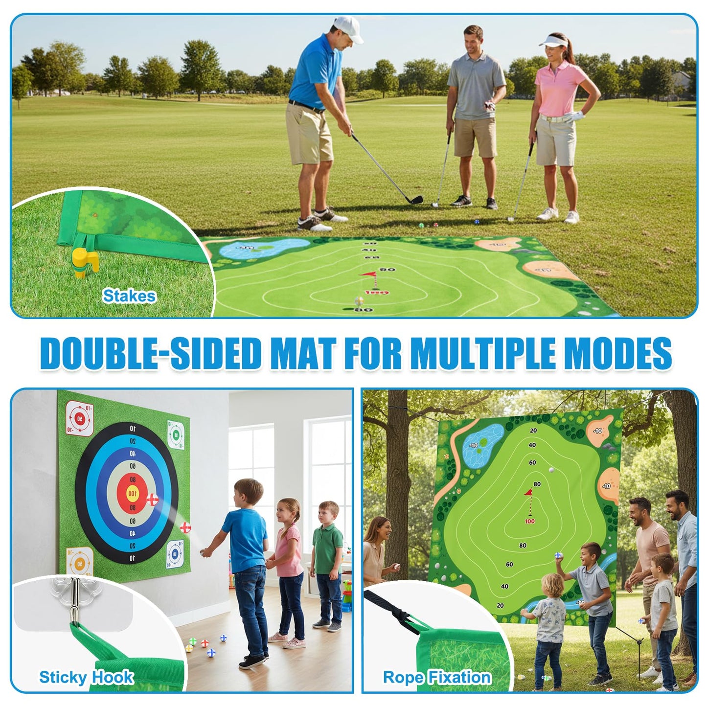 ASTRAEA Golf Chipping Game, Golf Battle Game with Hitting Mat for Kids Adults Indoor and Outdoor, 60" x 60" Double Sided Practice Mat with 2 Clubs & 20 Sticky Balls for Backyard
