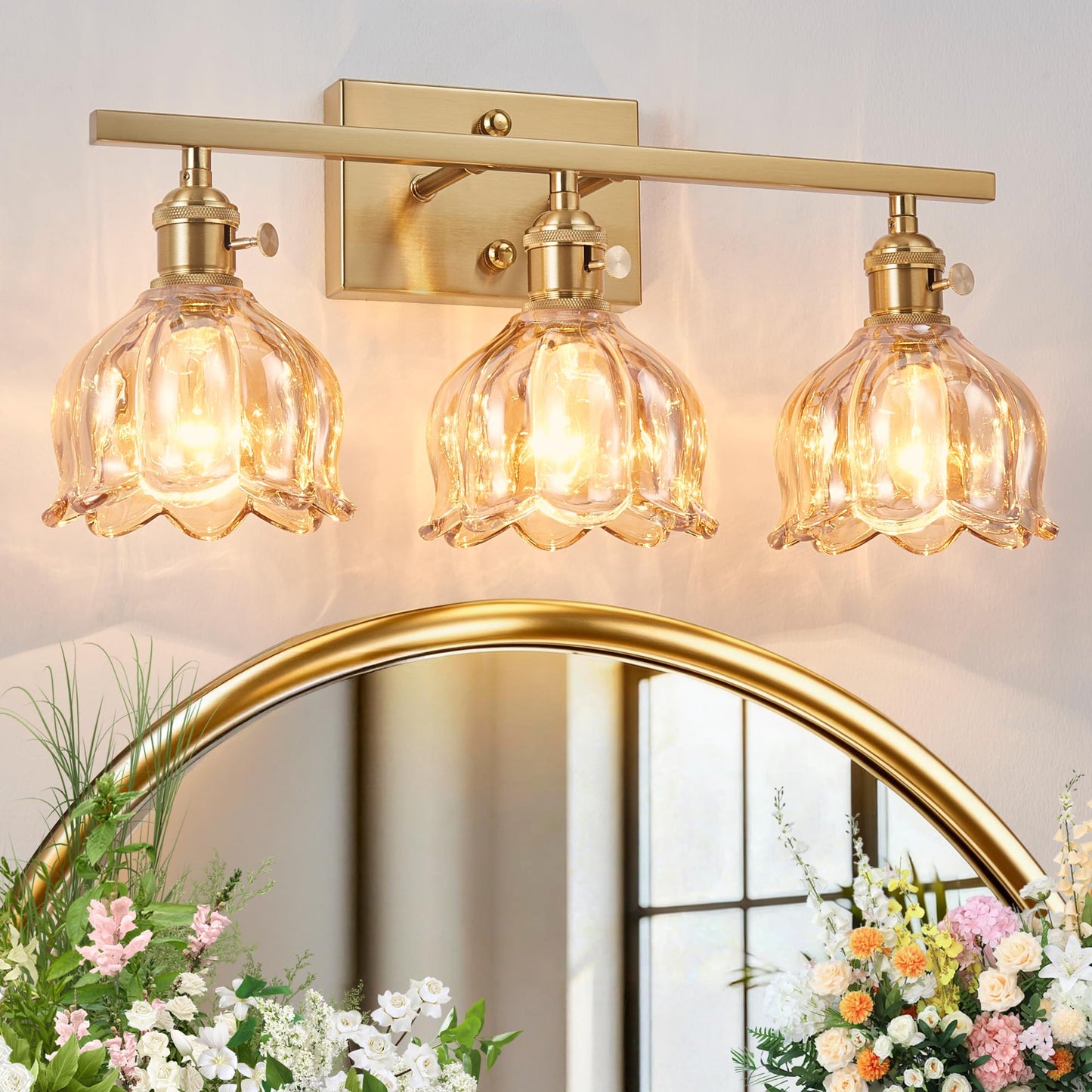 3-Light Amber Tulip Glass Vanity Light, Brushed Gold Vintage Bathroom Wall Sconce, 19.4" Antique Brass Hardwired Wall Lamp for Mirror, Powder Room, Bedroom (Individual Switches, Bulbs Not Included)