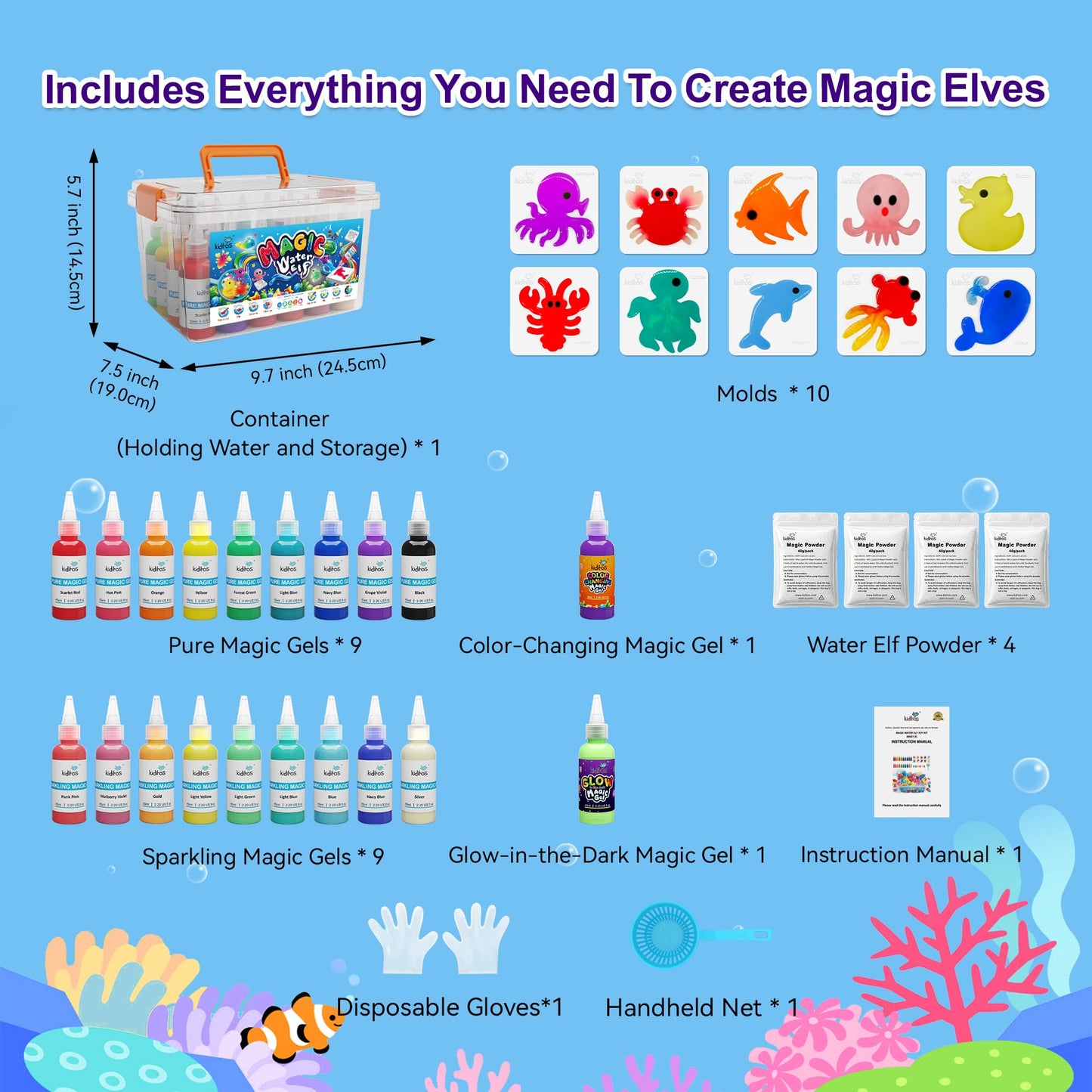 Kiditos Magic Water Elf Toy Kit–Squishies for Kids, 20 Gels & 10 Molds, Magic Gel Water Pets Sensory Toy, Fun DIY Craft Kit，Party Favors, Birthday & Christmas Gifts for Kids Ages 3+