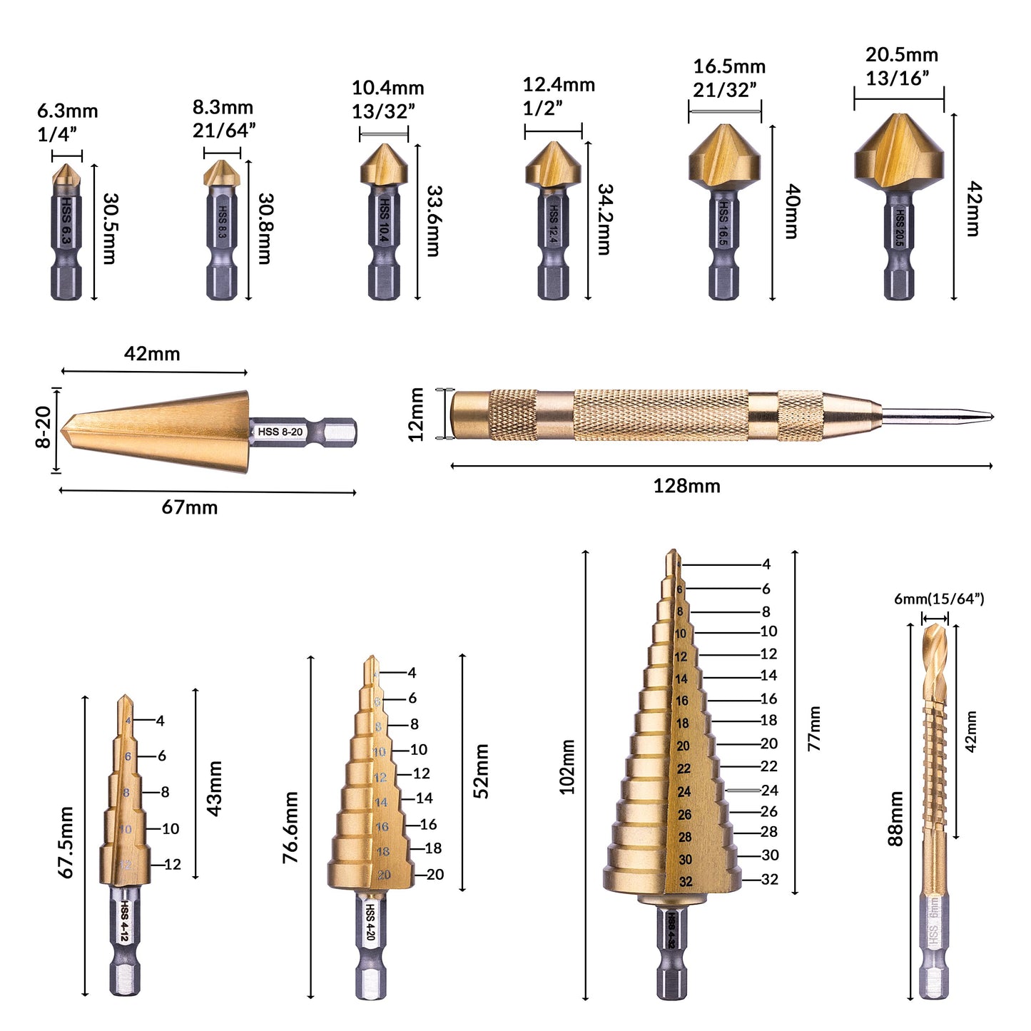 NordWolf 12-Piece HSS Titanium Metric Step, Countersink, Cone Drills with 1/4" Hex Shank, Multi Drill Saw & Automatic Center Punch Set in Storage Case