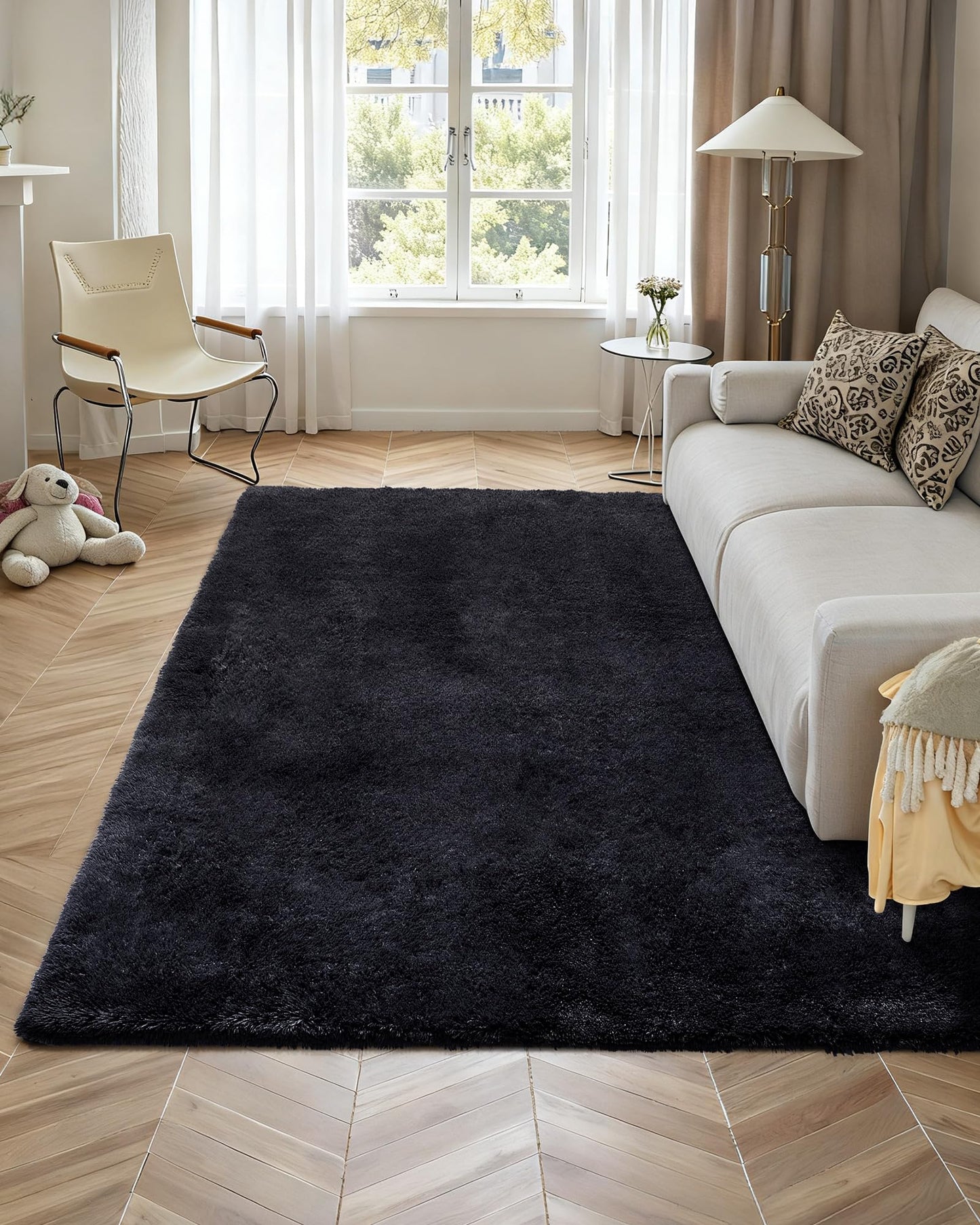 VEVOR Indoor Plush Area Rug, 8x10 ft Plush Carpet, Living Room Area Rug Fluffy with Triple-Layer Material, Soft Thick Pile Large Areas Rugs Shag for Bedroom, Lounge Area, Non-Shedding, Black