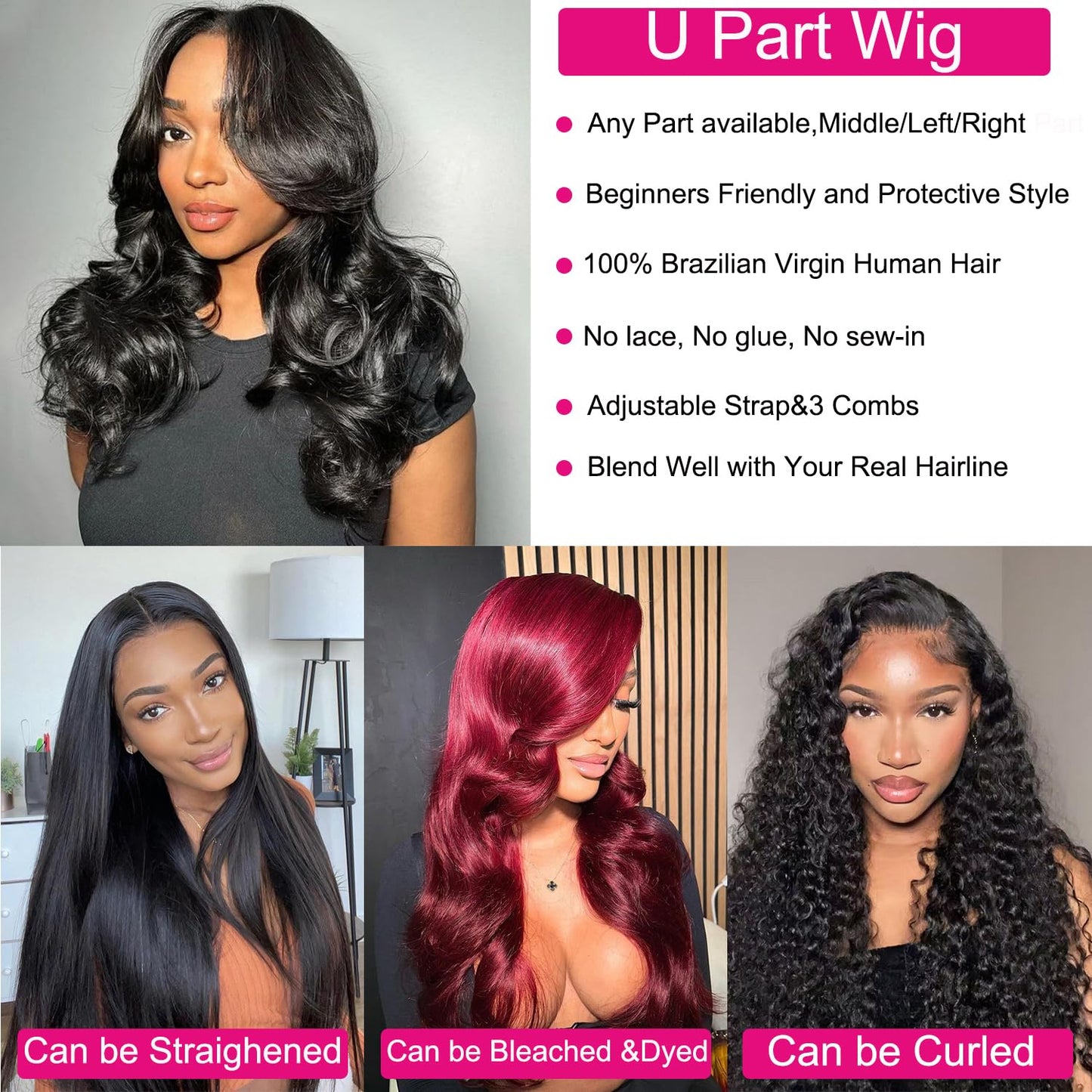 BYYASAA U Part Human Hair Wig Body Wave U Part Wig Human Hair for Black Women Glueless Wigs Human Hair Clip Upgrade Natural Hair Wig Beginner Friendly Middle Part 180% Density 18inch