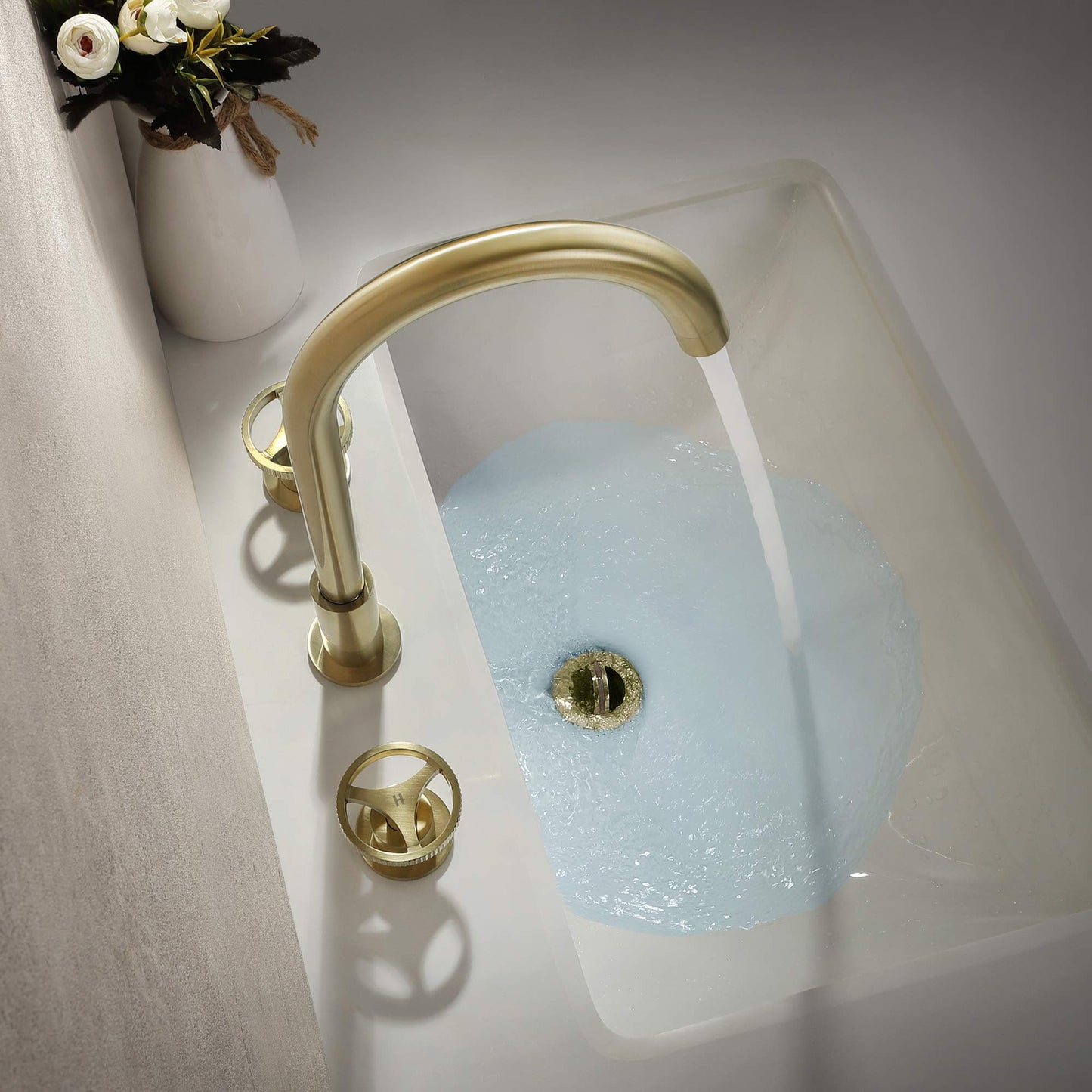 Bathroom Faucets Widespread Two Handle Vanity Faucet Deck Mount Bathroom Faucet 3 Hole Modern Gooseneck Bathroom Sink Faucet Spout, Brushed Gold