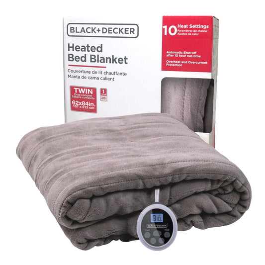 BLACK+DECKER Heated Blanket Electric Twin, Micro Plush Electric Blanket, Heating Blanket with 10 Heating Levels, 10H Timer, Auto Shutoff, Fast Heating (84x90 inches, Grey)