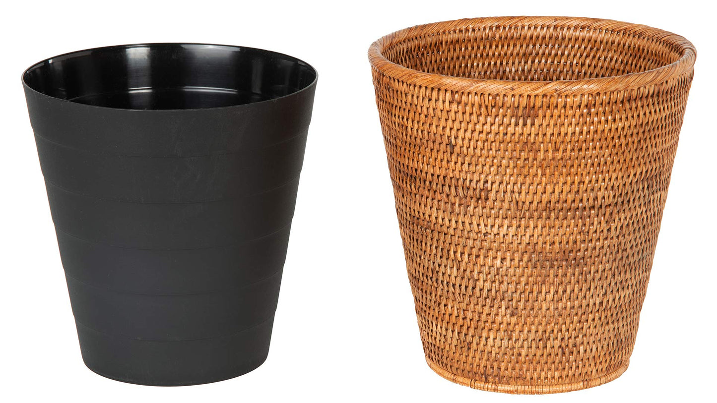 Mekomy KOUBOO La Jolla Rattan Wastebasket with Plastic Insert, Handmade, Trash Can, Small Wastebasket, Bedroom, Bathroom, Vanity, RV, Dorm, Honey Brown