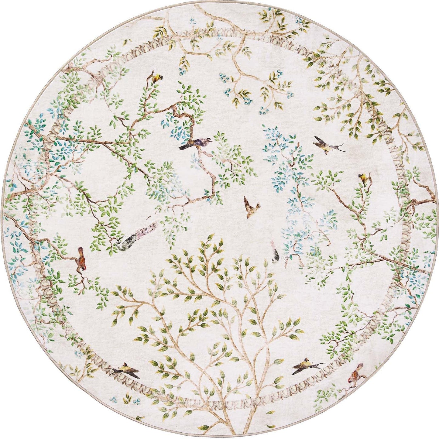 jinchan Yarden Round Rugs 5ft Ivory Botanical Birds Print Machine Washable 5' Circle Nature Plants Modern Soft Non Slip Throw Area Rugs Ultra Thin Low Pile Carpet for Entryway Bedroom Kids Room