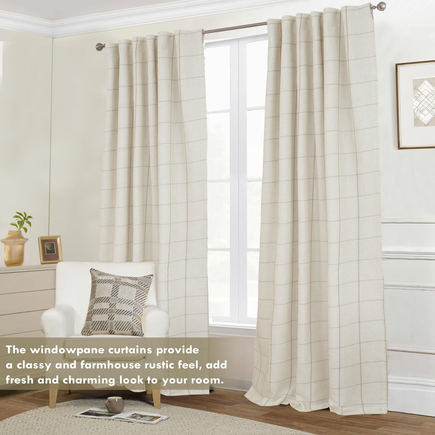 DriftAway 2 Panels 100% Blackout Windowpane Plaid Linen Curtains Double Layer Drapes for Bedroom 84 Inches Long Farmhouse Thermal Insulated 3.25 Inch Rod Pocket Back Tab for Living Room Taupe