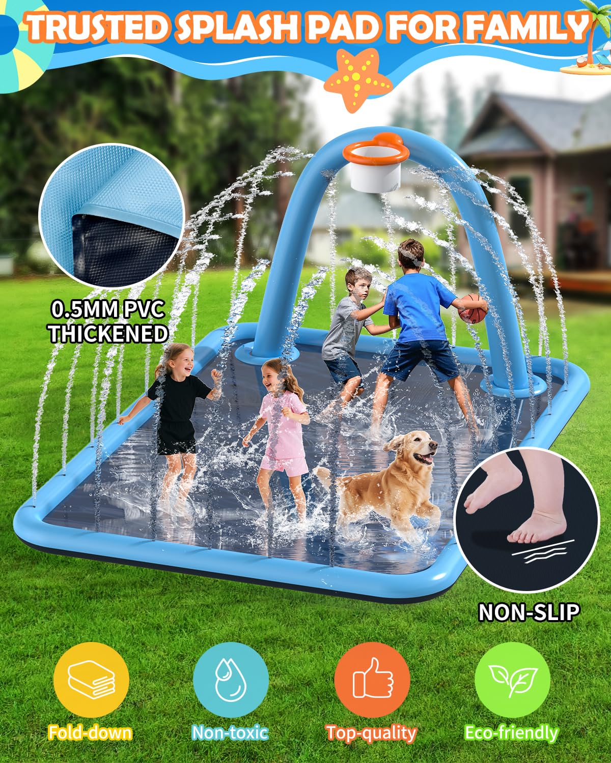 Octplay Splash Pad with Basketball Hoop - 102x87'' Large Sprinkler Pad for Kids & Dogs Pets | Thickened Non-Slip Splash Mat, Foldable Water Play Pool & Outdoor Summer Toys Ages 3+