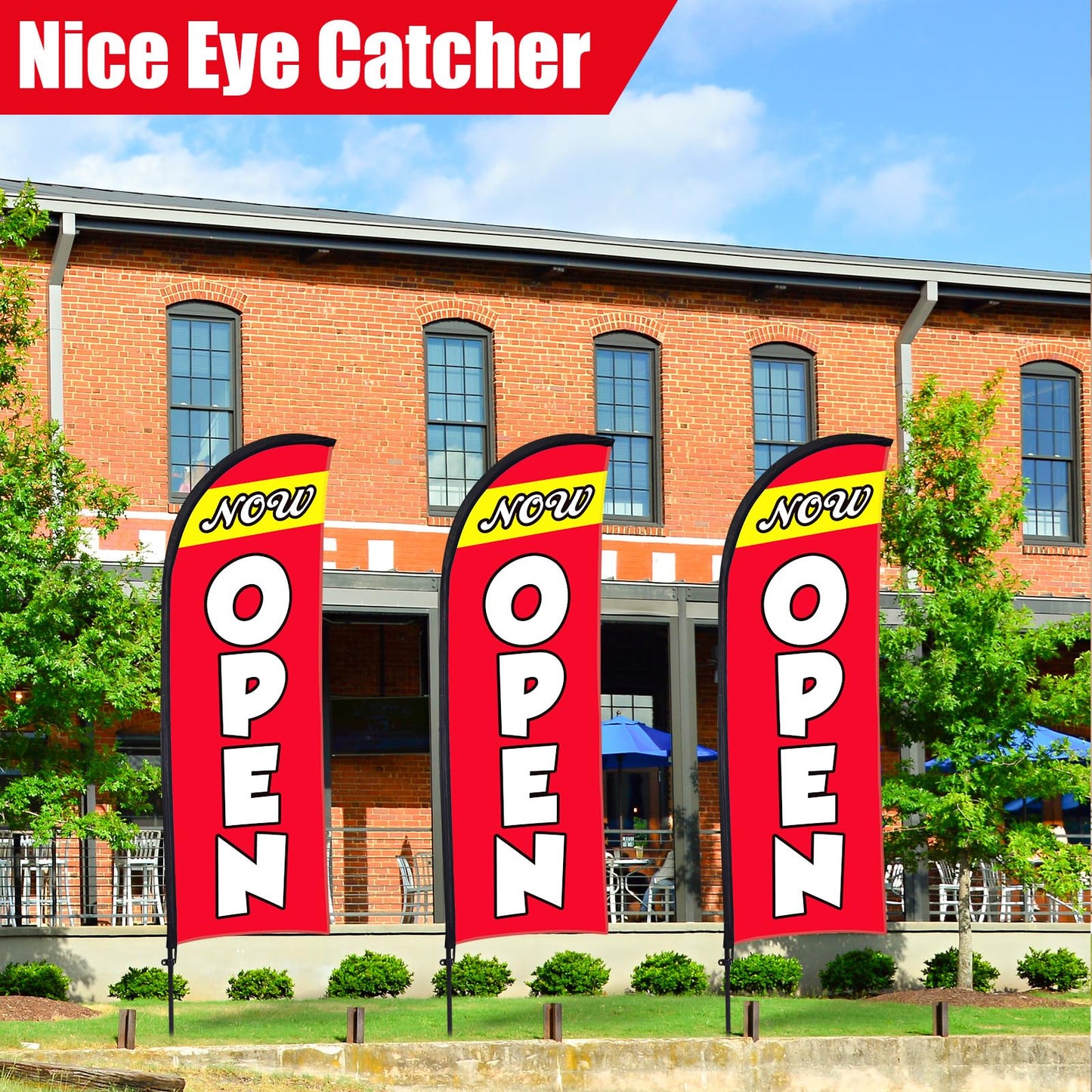 Buryeah 3 Sets Now Open Feather Flag Pole Kit for Business Advertising 7 ft Open Flag Banner Sign with Pole Kit Ground Stake and Portable Bag for Outside Ground (Red)