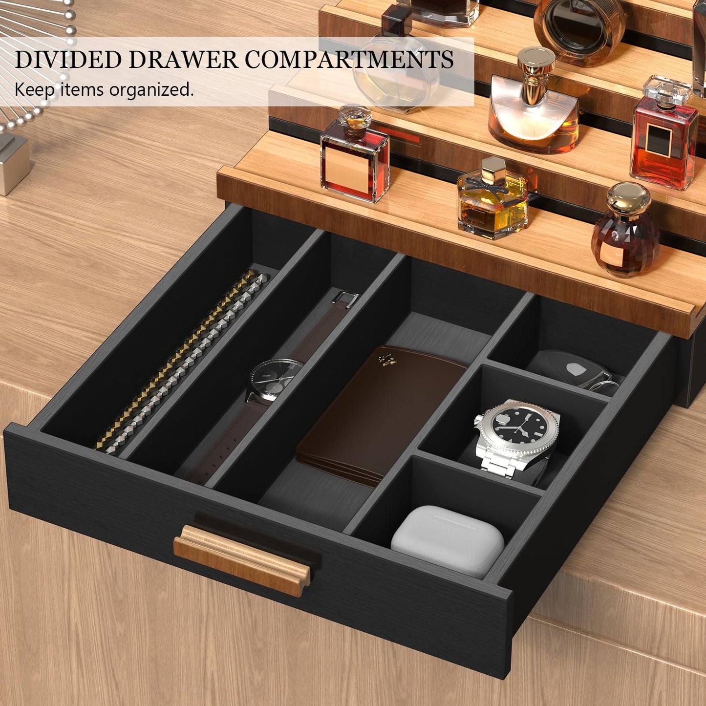 Zalida Wooden Cologne Organizer for Men 4 Tier of Perfume Display Holder of Drawer & 2 Hidden Compartments Larger Storage Space Mens Perfume Organizer Shelf Stand,Gift for Man (4T-Black Walnut)