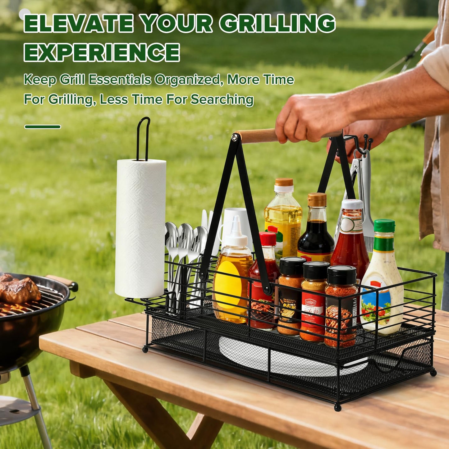 RACOBOT Grill Caddy, BBQ Caddy with Paper Towel Holder, Blackstone Griddle Organizer, Plate and Utensil Holder Organizer for Outdoor Grill, Picnic, Camping, Condiment Storage for Kitchen Counter