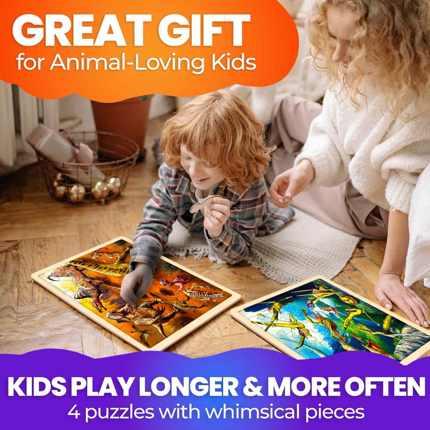 QUOKKA 4x36 Dino Puzzles for Kids Ages 4-6 - 36 Pieces Realistic Wooden Montessori Toddler Puzzles for Ages 3-5