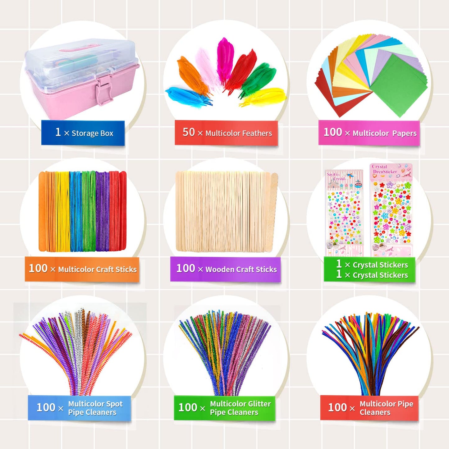 1405 Pcs Art and Craft Supplies for Kids, Toddler DIY Craft Art Supply Set Included Pipe Cleaners, Pom Poms, Feather, Folding Storage Box - All in One for Craft DIY Art Supplies（Pink）