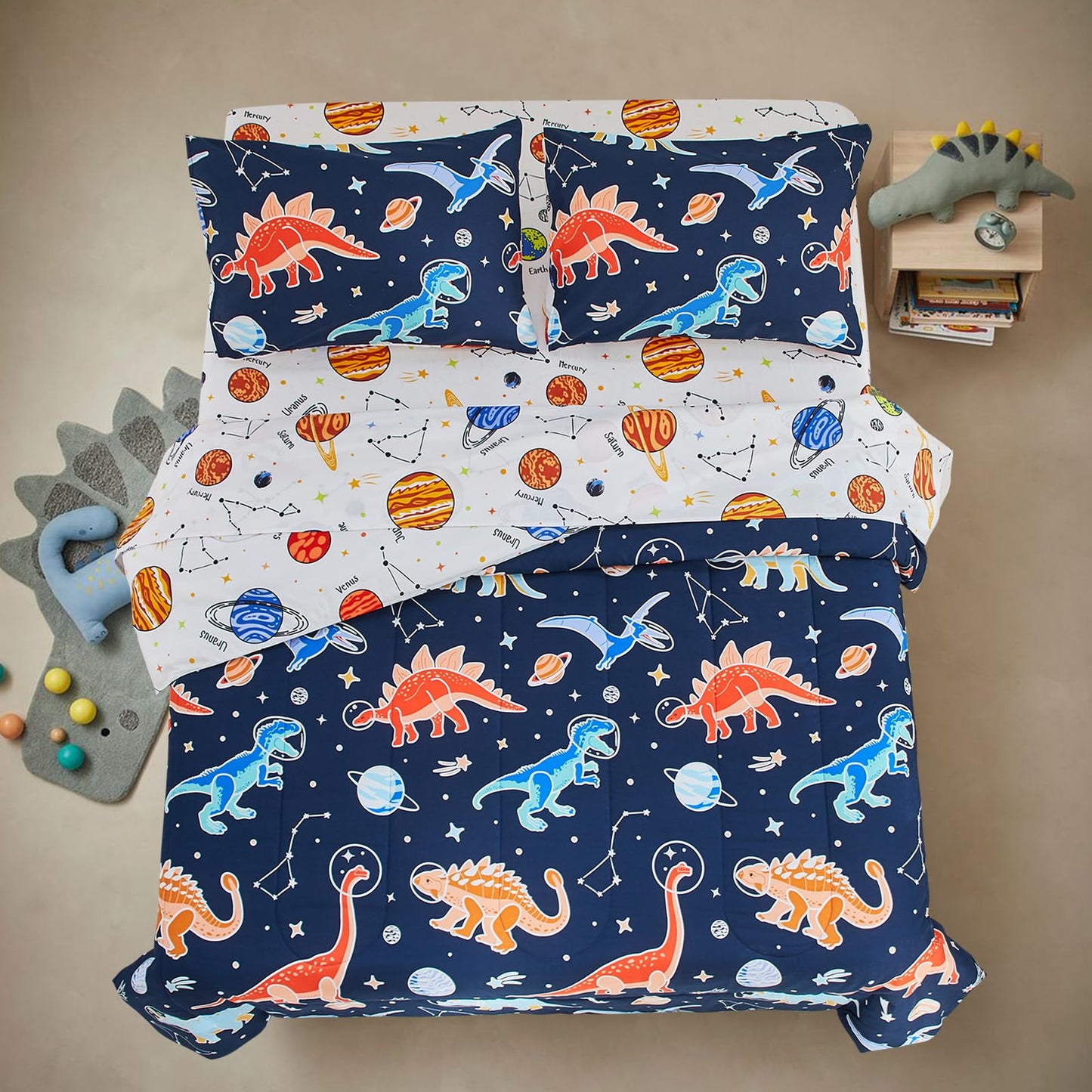 A Nice Night 5pc Glow in The Dark Kids Comforter Set,Dinosaur Galaxy Printed, Space Bedding Set Full Size for Boys Girls Teen