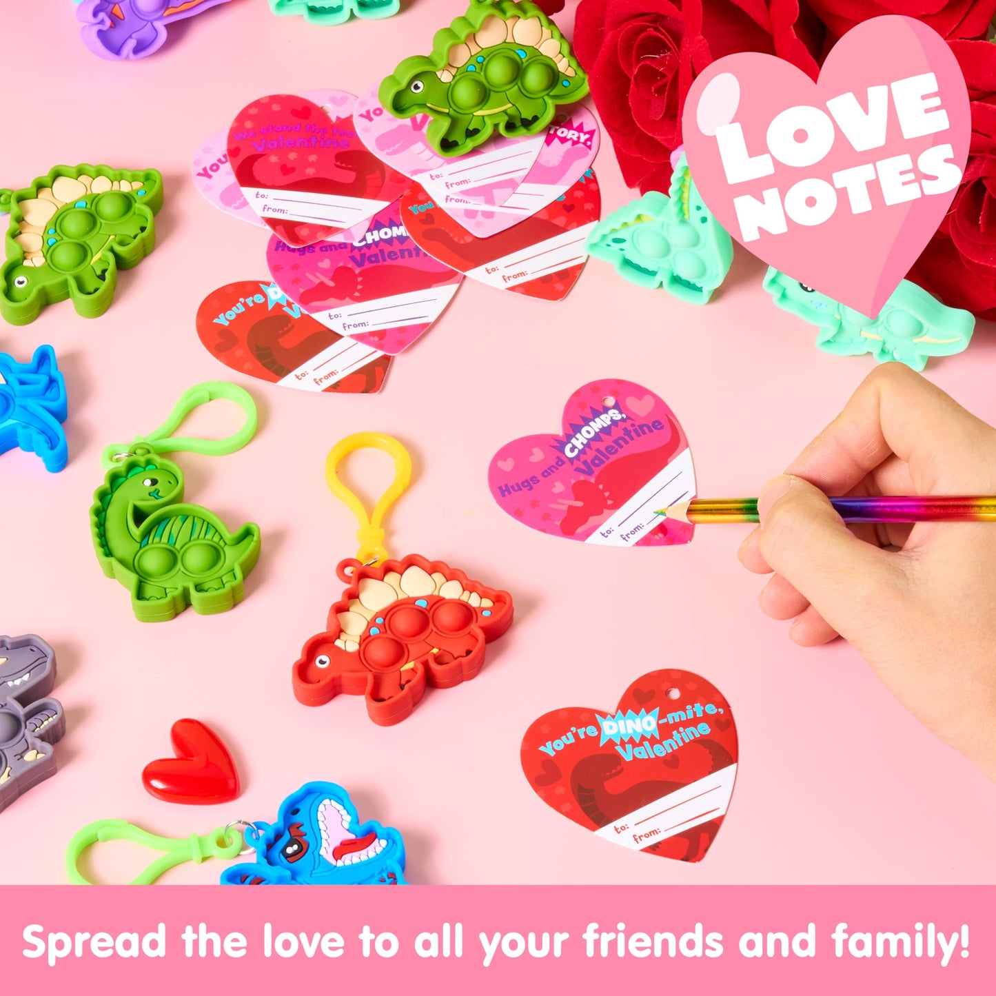 JOYIN 28 Packs Valentine's Day Gift Cards with Pop Keychain Toys, Dinosaur Stress Anxiety Relief Toys with Cards for Kids Valentine's Classroom Exchange Prizes Party Favors