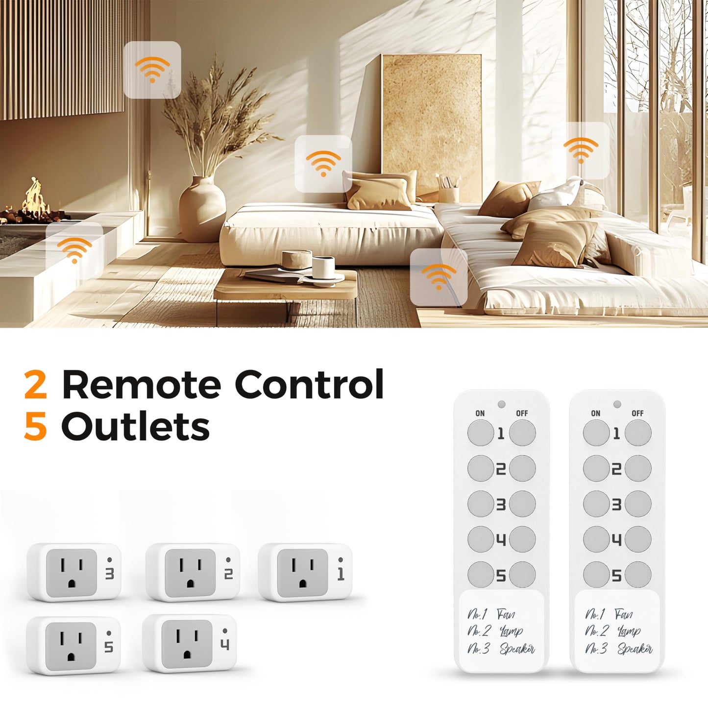 Wireless Remote Control Outlet, TESSAN Electrical Wall Plug with ON/Off Light Switch for Indoor String Lights, Lamps, Home Appliances, 100ft Range (2 Remotes + 5 Outlets)