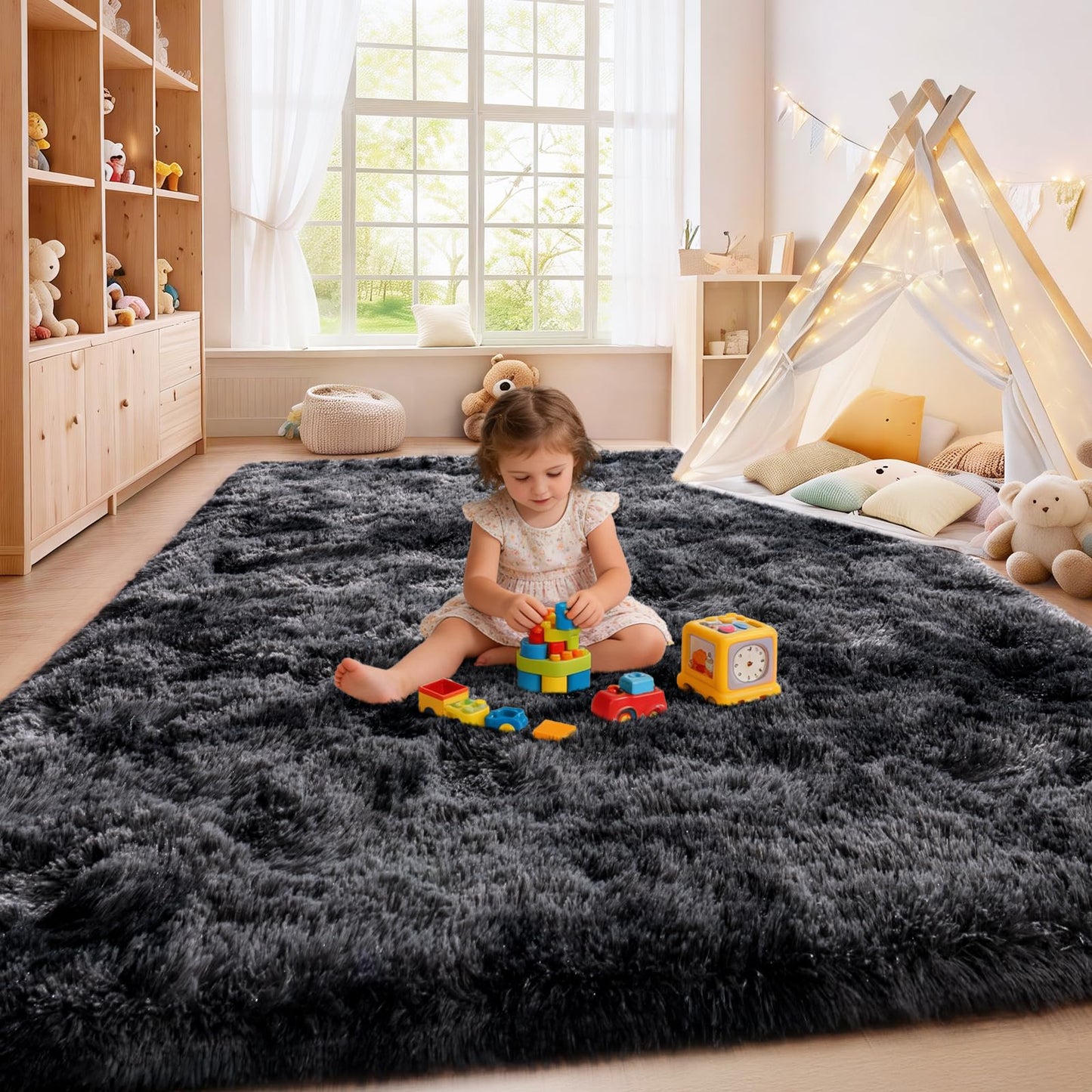 Isdook Shaggy Area Rugs, Fuzzy Rugs for Living Room, Soft Nursery Area Rug for Girls, Tie Dye Black Gray Plush Area Rugs Non Slip, Fluffy Rug Carpet 8x10ft
