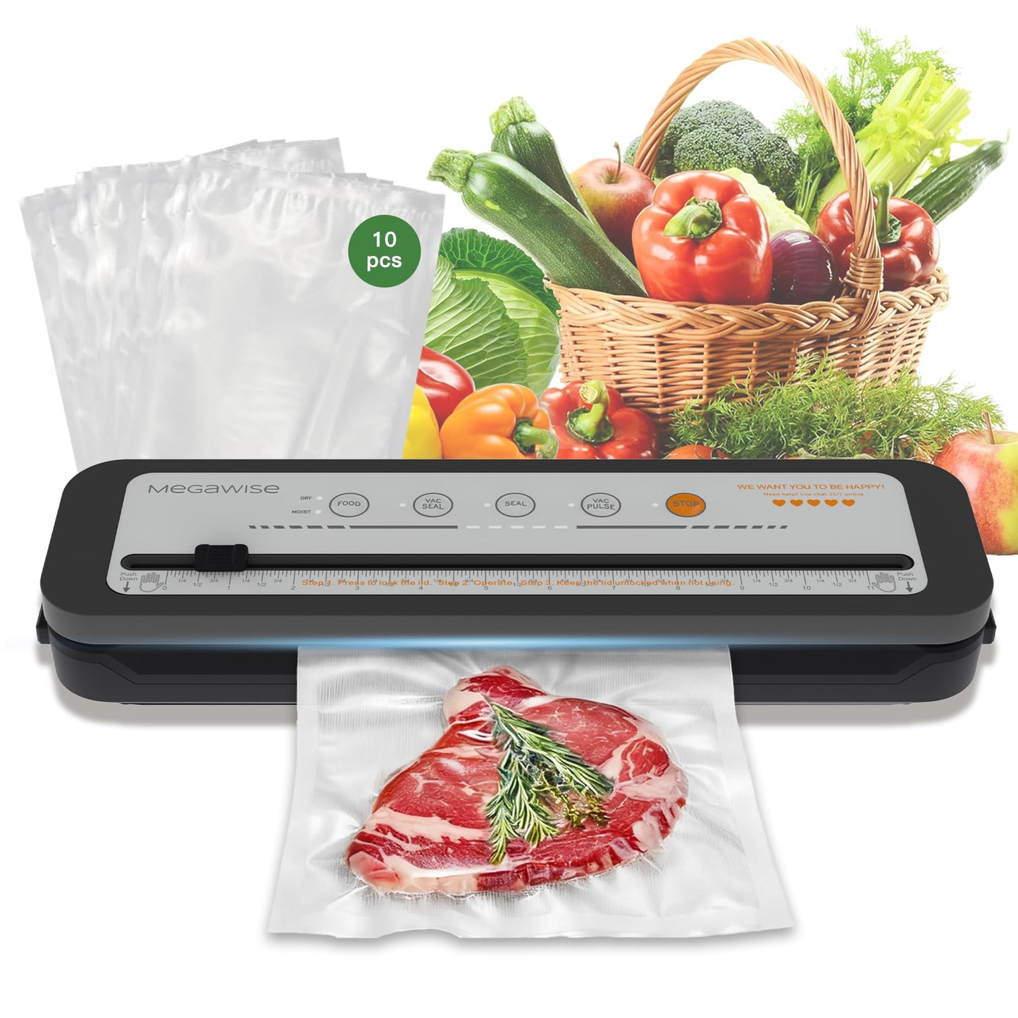 MEGAWISE 2025 Powerful Vacuum Sealer Machine | Compact Design | One-Touch Automatic | Seal in 10-20 Seconds | Dry, Moist, Wet, and Cold Modes | With 10 Vacuum Bags & Built-in Cutter