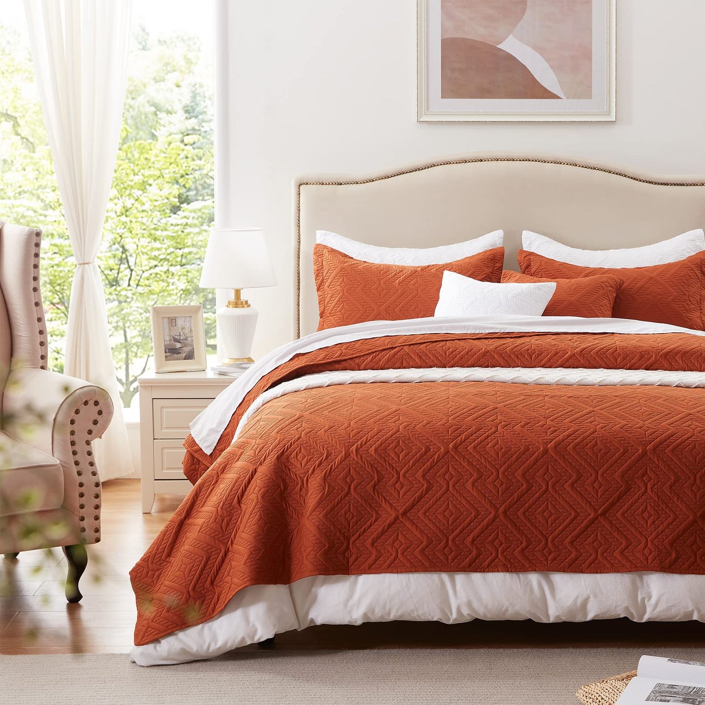 LEAONME Full/Queen Quilt Set 3 Pieces, Lightweight Burnt Orange/Rust Bedspread-90''x98'', Soft Microfiber Summer Quilt, Luxurious Warm Coverlet Set for All Seasons (Includes 1 Quilt, 2 Shams)