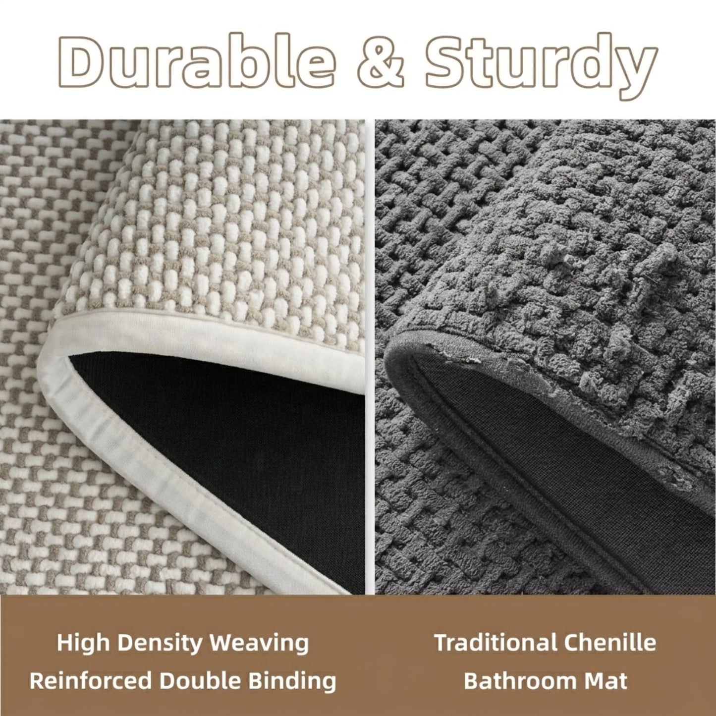 PADOOR-Bath Mat Runner-Super Absorbent Chenille Bathroom Mats-Rubber Backed Bath Mats for Bathroom Non Slip, Easy Clean Bathroom Runner Rugs Front of Bathtub,Shower Room,Sink-24×48, Beige&Cream