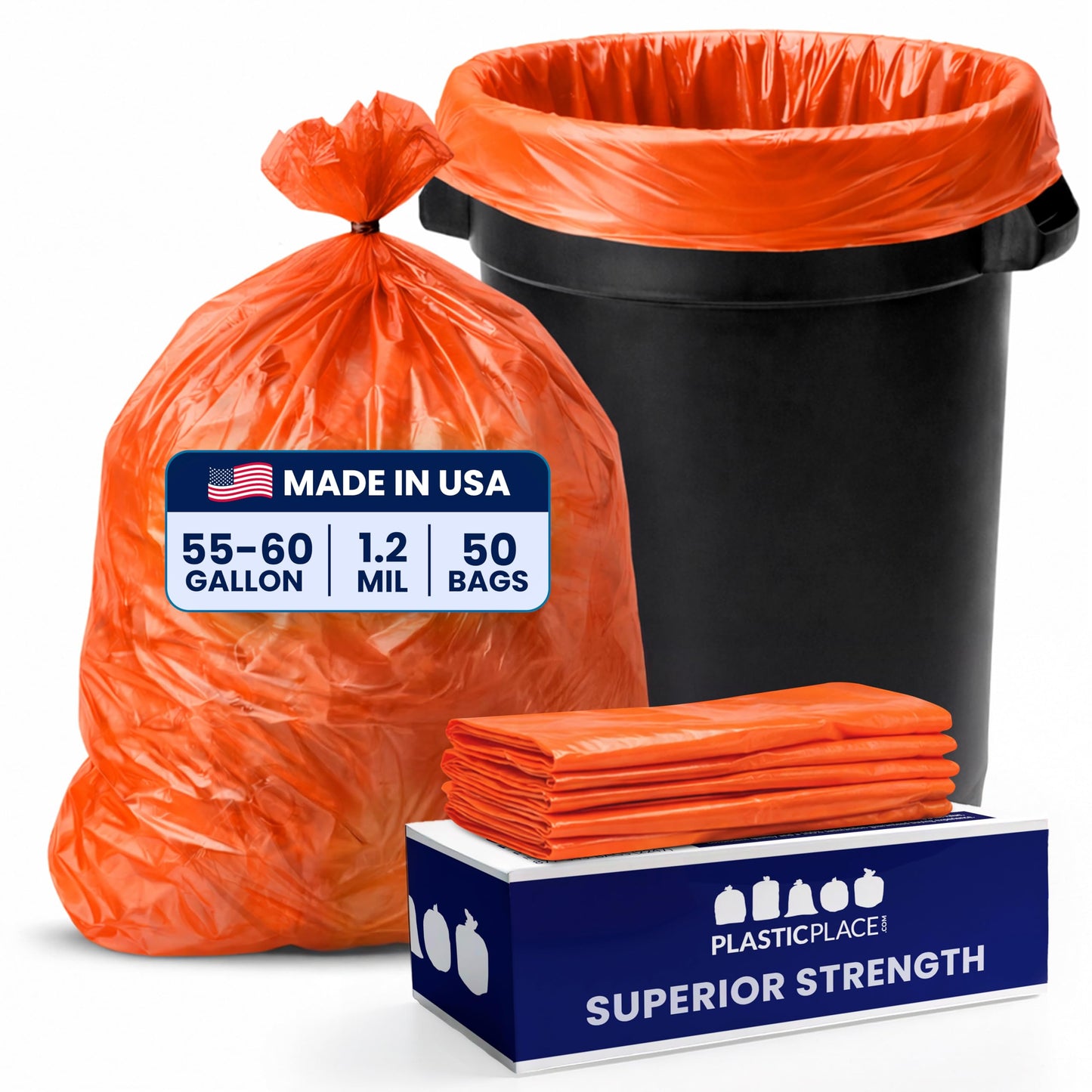 Plasticplace 55-60 gallon Trash Bags │ 1.2 Mil │ Orange Heavy Duty Garbage Can Liners │ 38” x 58” (50 Count)