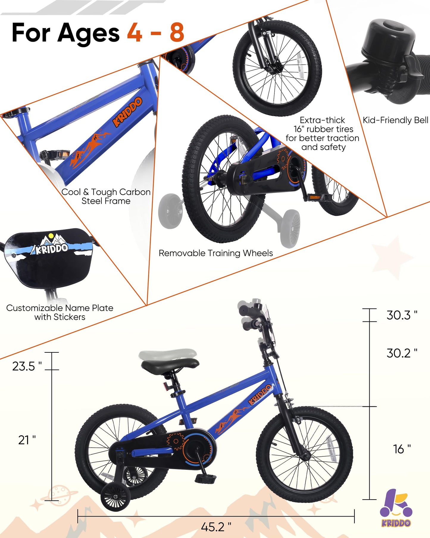 KRIDDO 14-16 Inch Kids Bike for Ages 3–8, Boys and Girls Bicycle with Removable Training Wheels, Bicycle for Kids with Hand Brake & Coaster Brake, Adjustable Height, DIY Name Plate, 16 Inch Blue