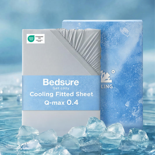 Bedsure Cooling Fitted Sheet Queen Size for Hot Sleeper, Queen Fitted Sheet Only with 360° Elastic Corner Straps, Q-Max 0.4, Temperature Regulation Bedding for Night Sweats, Up to 16" Deep, Grey