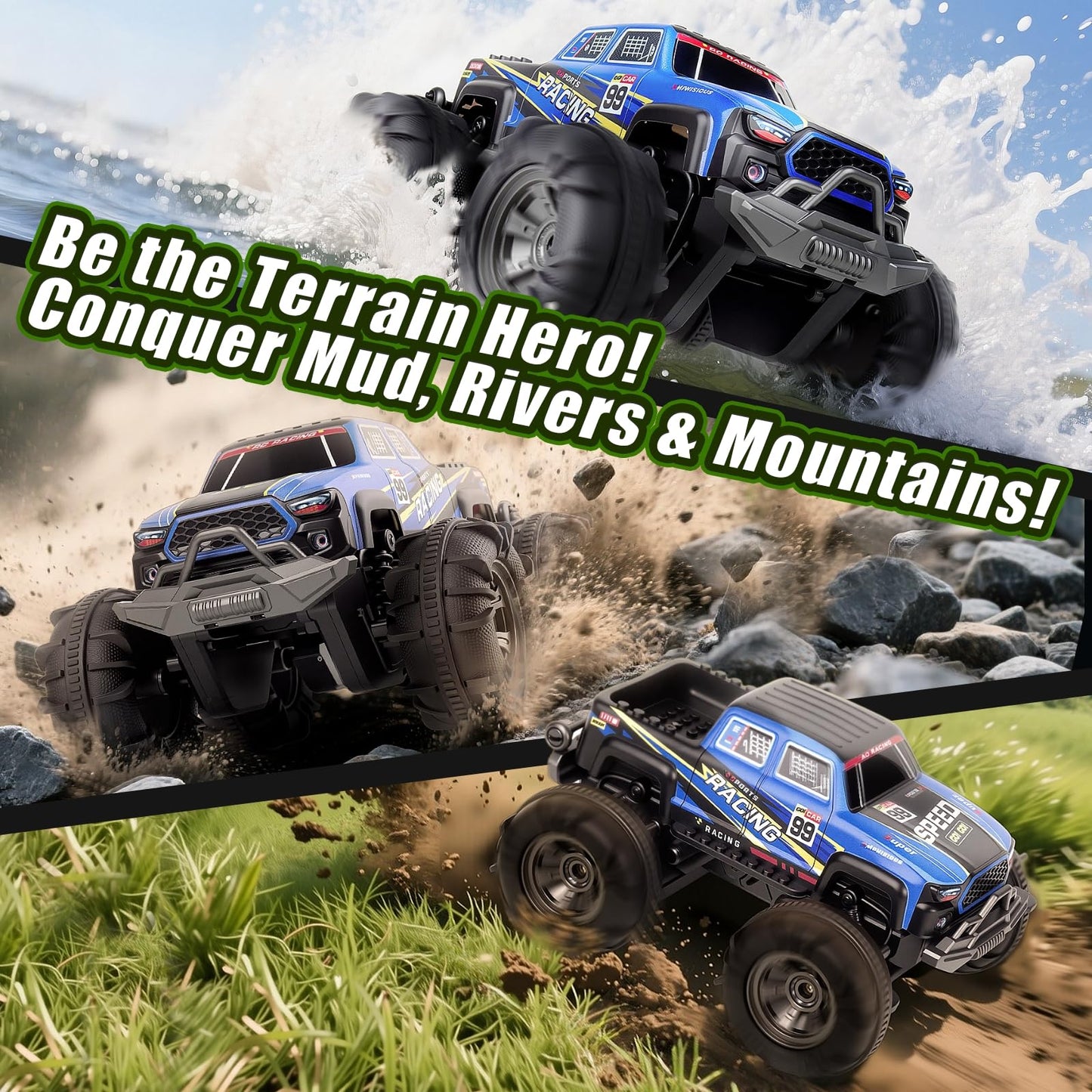 Calefwe Amphibious Remote Control Car, Monster Trucks for Boys Age 4-7, Monster Truck Toys W/Blocks & 360°Spin, 4WD All-Terrain Off-Road RC Cars with 2 Batteries 100 min, 2.4Ghz Pool Toy Gift for Kids
