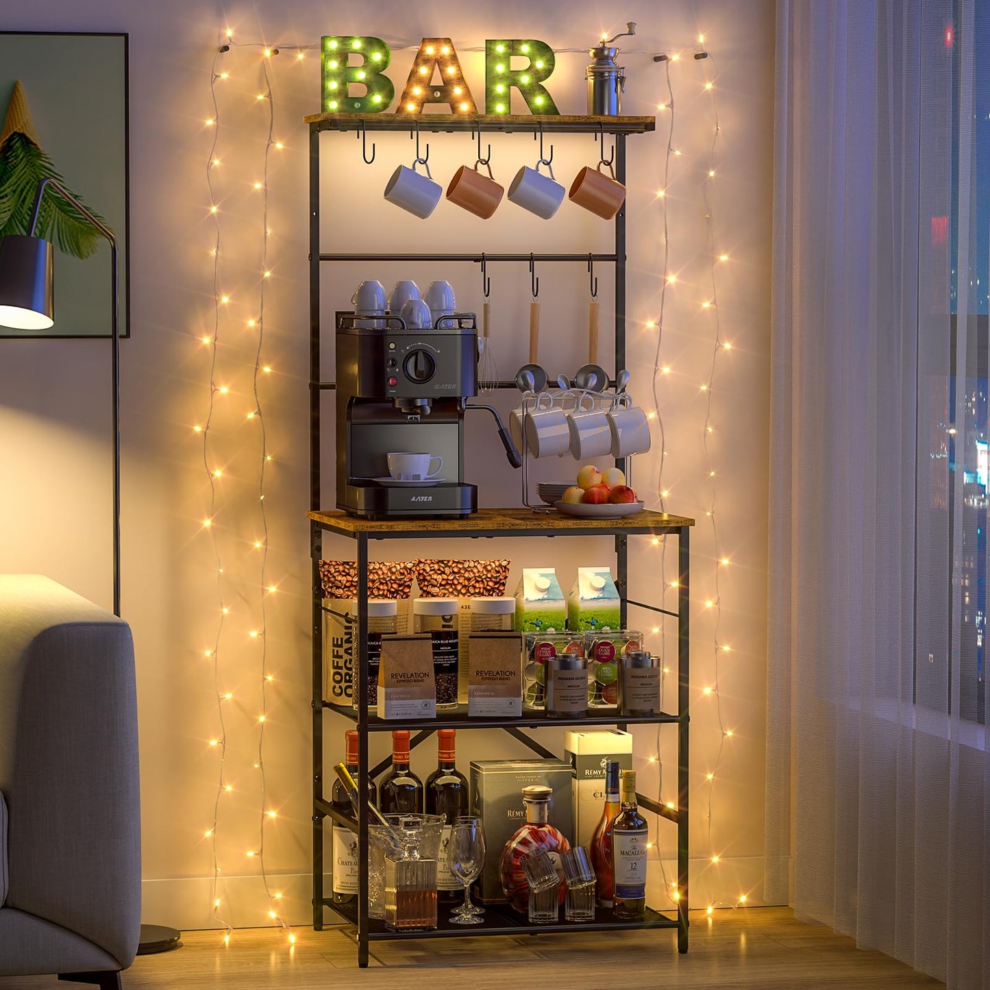 4 Tier Coffee Bar Station, Kitchen Stand with 8 S-Shaped Hooks, Large Space Coffee Station Table, Farmhouse Coffee Bar Shelf, Bakers Rack for for Kitchen, Living Room, 23.62" W x 15.74" D x 57.13" H