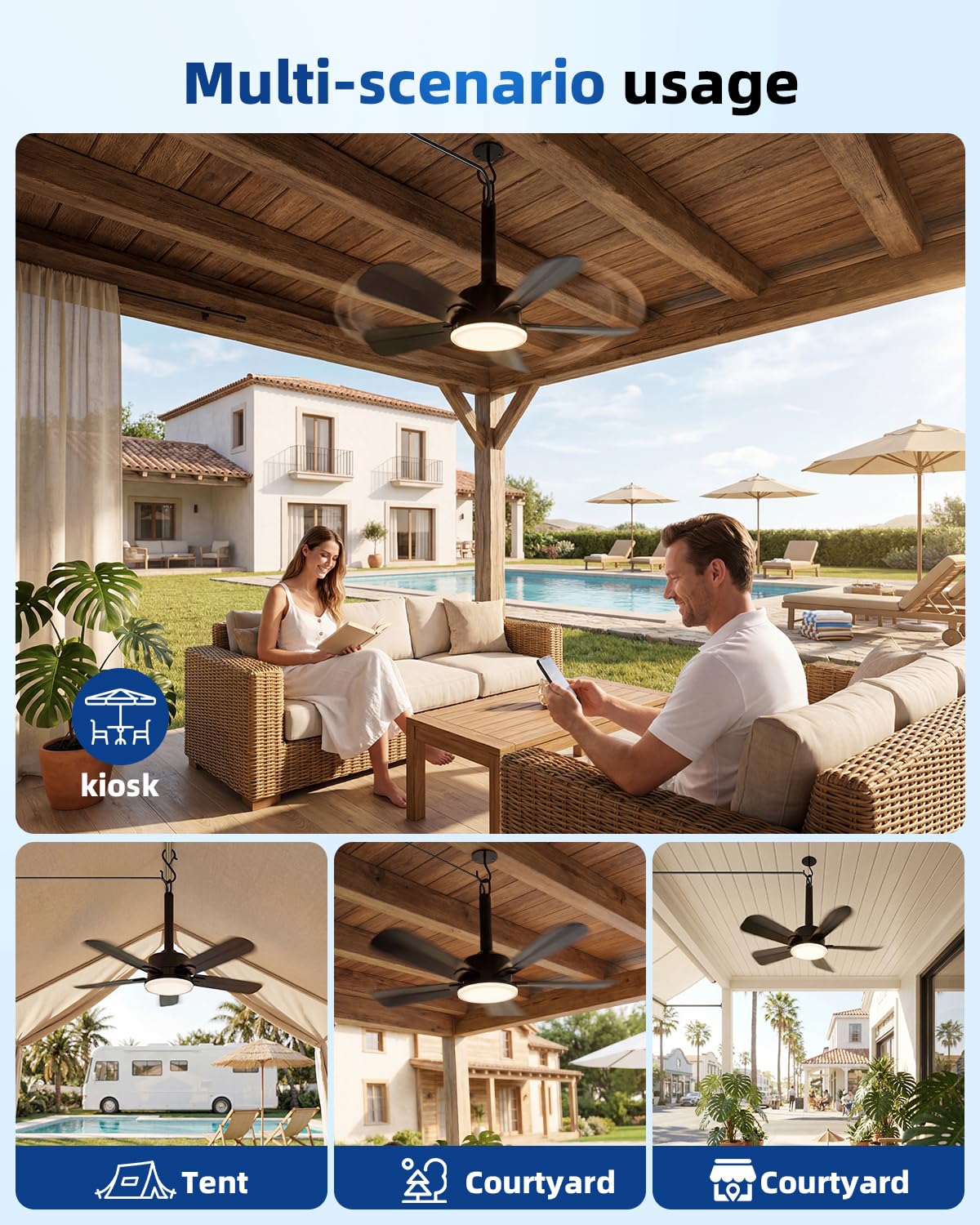 NWOP 20 Inch Plug-In Outdoor Ceiling Fan with Light and Remote, Waterproof Wet Rated Mini Ceiling Fan for Small Spaces, 5 Blade Quiet Compact Ceiling Fan for Patio Balcony Gazebo Porch, Black