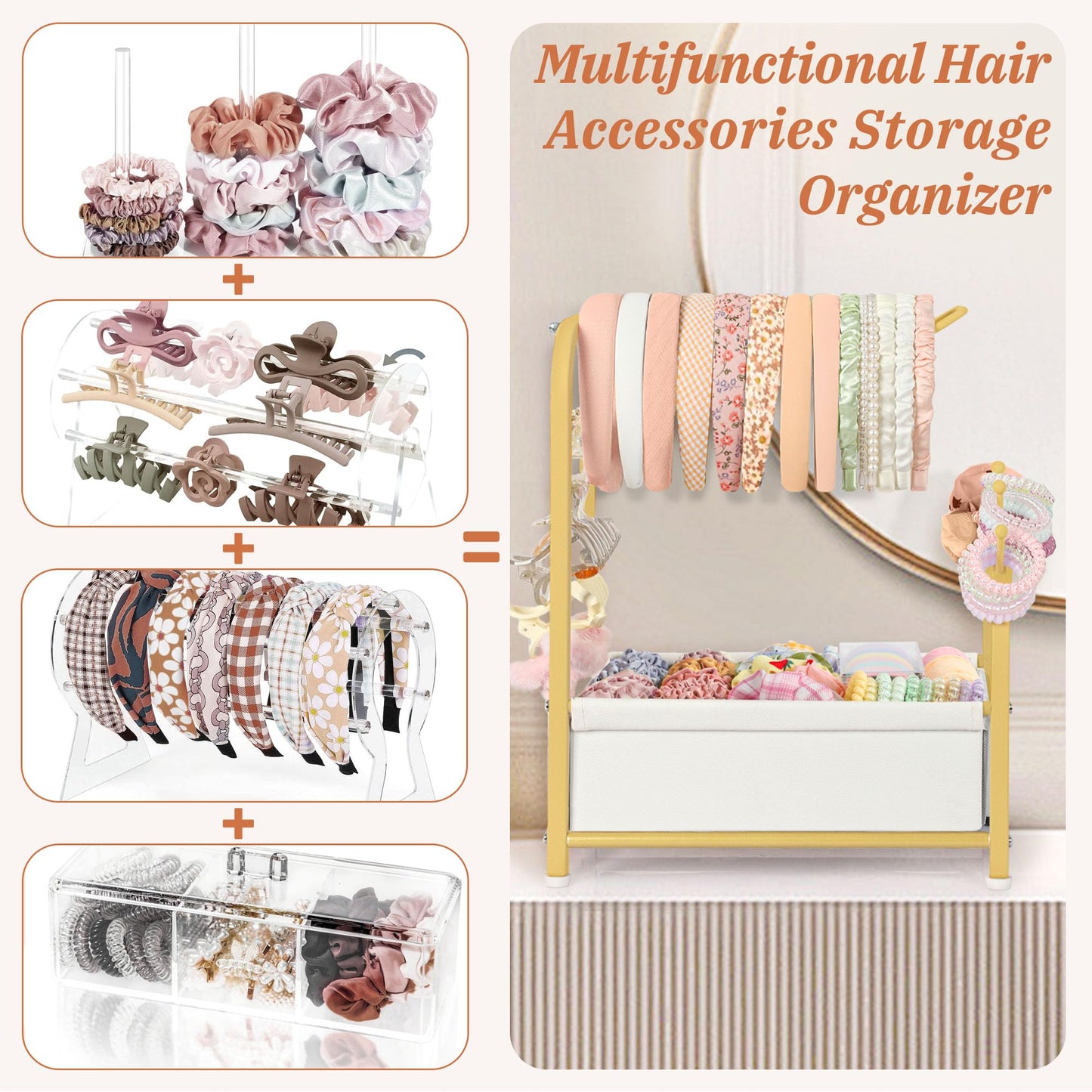 Keebofly Headband Holder Stand - Versatile Organizer for Scrunchies, Bows & Claw Clips - Compact Hair Accessories Storage for Girls, Women, Babies,Golden