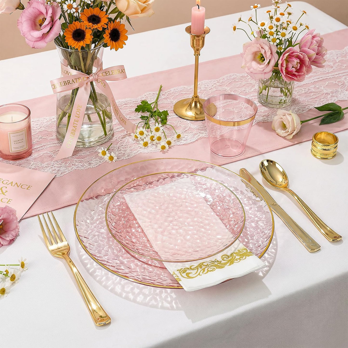 Rubtlamp 350 Pcs Clear Pink Plastic Plates, Pink Gold Plastic Dinnerware Set (50 Guests), Disposable Plates With Gold Rim, Hammered Party Plates Set for Wedding And Party
