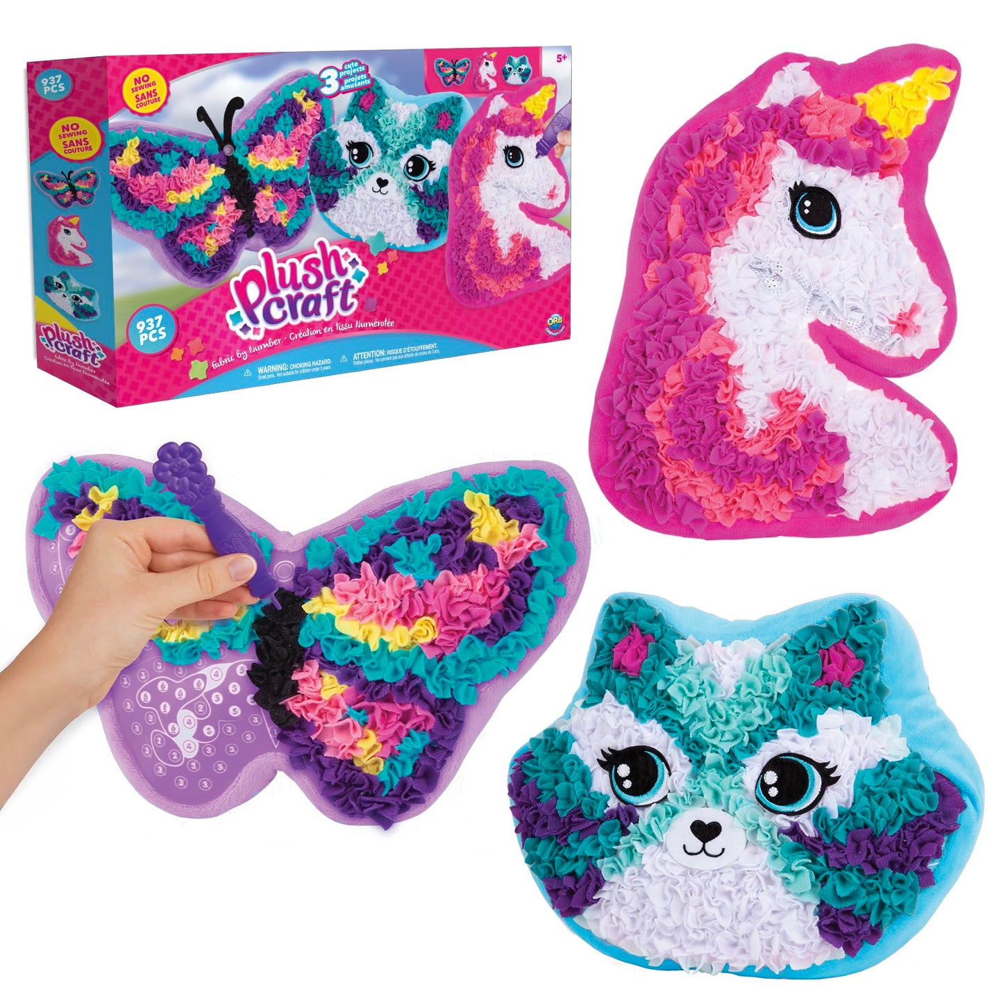 ORB PlushCraft DIY Unicorn, Butterfly, Cat Pillow Gift Set 3 Pack Craft Kit - Mess Free Punch Fabric By Number System, No Sewing Required - Includes 3 Fun Pillow Craft Projects for Boys and Girls