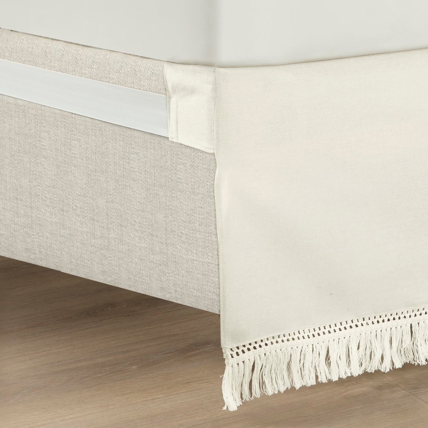 Lush Decor Boho Fringe 15-Inch Tailored Drop Easy Fit Bed Skirt King Size Single 78" W x 80" L +15" White - King Bed Skirt - Wrap Around Bed Skirt