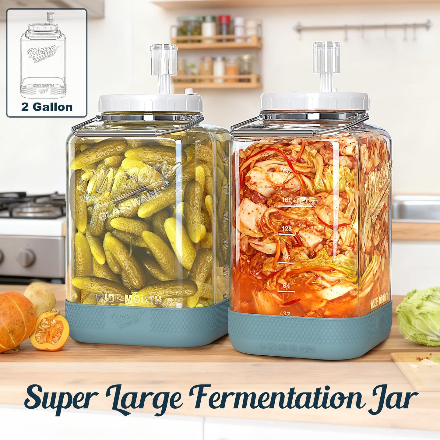 Dwbligt 2 Pack Large Fermentation Jars with Airlock, 2 Gallon Glass Jar with Airtight Lid-Wide Mouth Mason Jar with Handle & Non-slip Base for Mead Making & Kombucha, Pickle Jar, Kimchi Containers