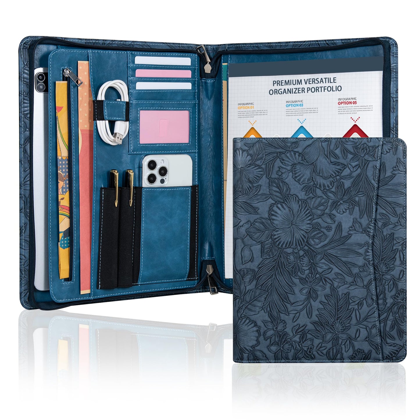 SUCCEWISHER Embossed Vegan Leather Portfolio for Women,Professional Organize Padfolio with A4 Notepad Holder,Professional Business Document Organizer for Women (Blue)