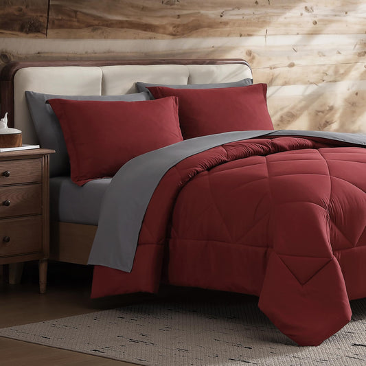Coleman Twin XL Comforter Set Reversible Bed-in-a-Bag– Double-Sided Color Options, All-Season Comforter + Shams + Sheets – Perfect for Home, Cabin or Camp Use, Burgundy/Gray