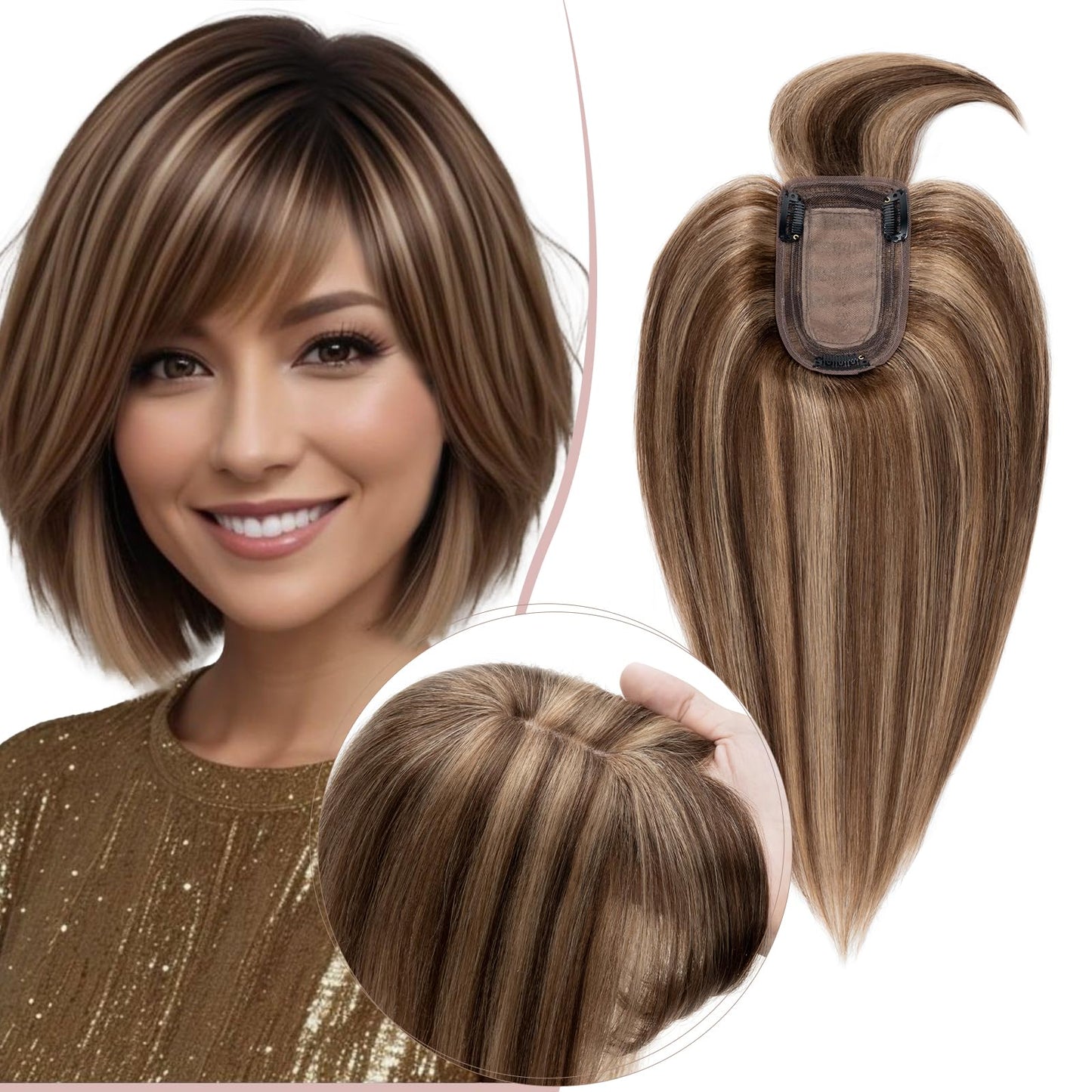SEGO Pro Human Hair Topper with Bangs Hair Toppers for Women Real Human Hair Toppers Hair Pieces for Women Human Hair Toppers for Thin Hair 6 Inch #4P27 Chocolate Brown Mixed Light Brown
