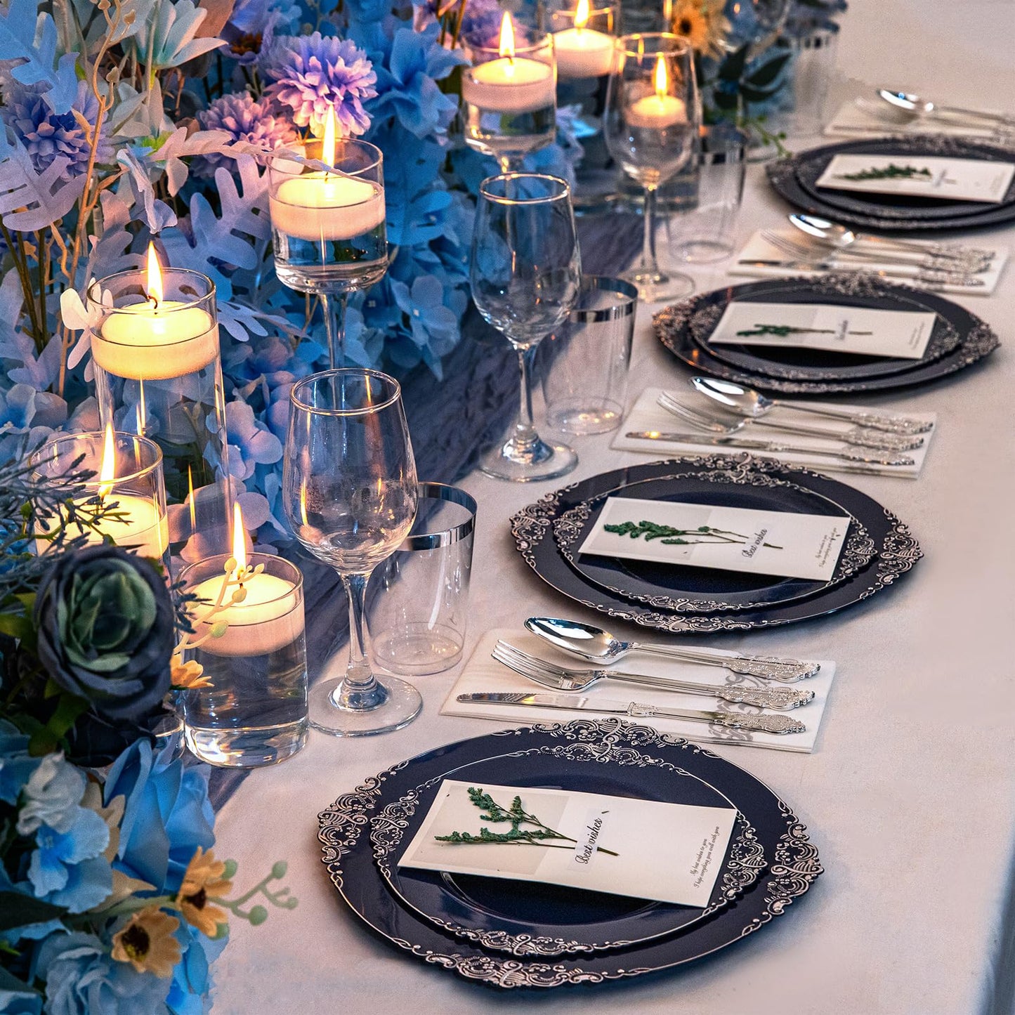 Hioasis 175pcs Blue and Silver Plastic Plates - Elegant Disposable Dinnerware Set Suitable for 25 Guests Include 10.25" Dinner & 7.5" Dessert Plates, Cutlery, Napkins, Cups for Party & Wedding