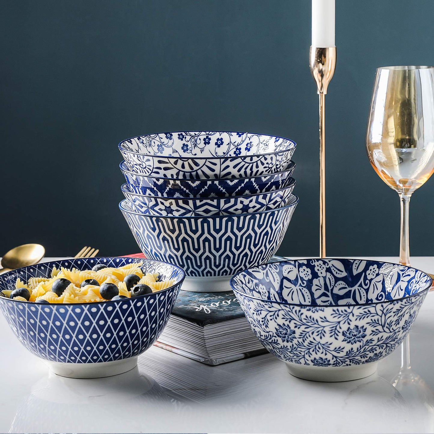 Selamica Blue and White Porcelain 20oz Cereal Bowl Set - Set of 6, 6 inch Soup Bowls, Ceramic bowls for Cereal, Soup, Salad and Pasta, Vintage Blue